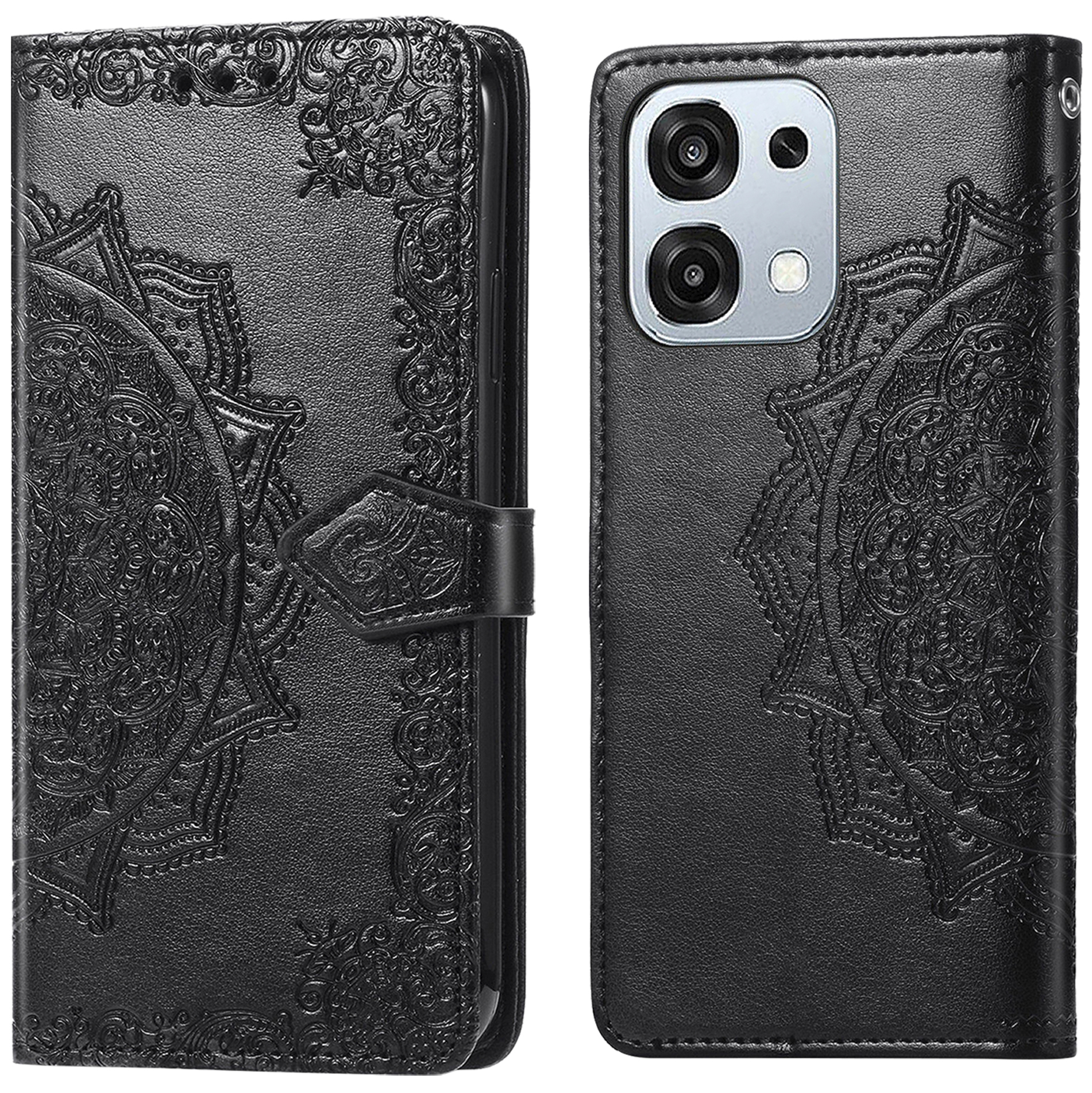 Coque de téléphone noire avec motif mandala en relief, ouverte et fermée.