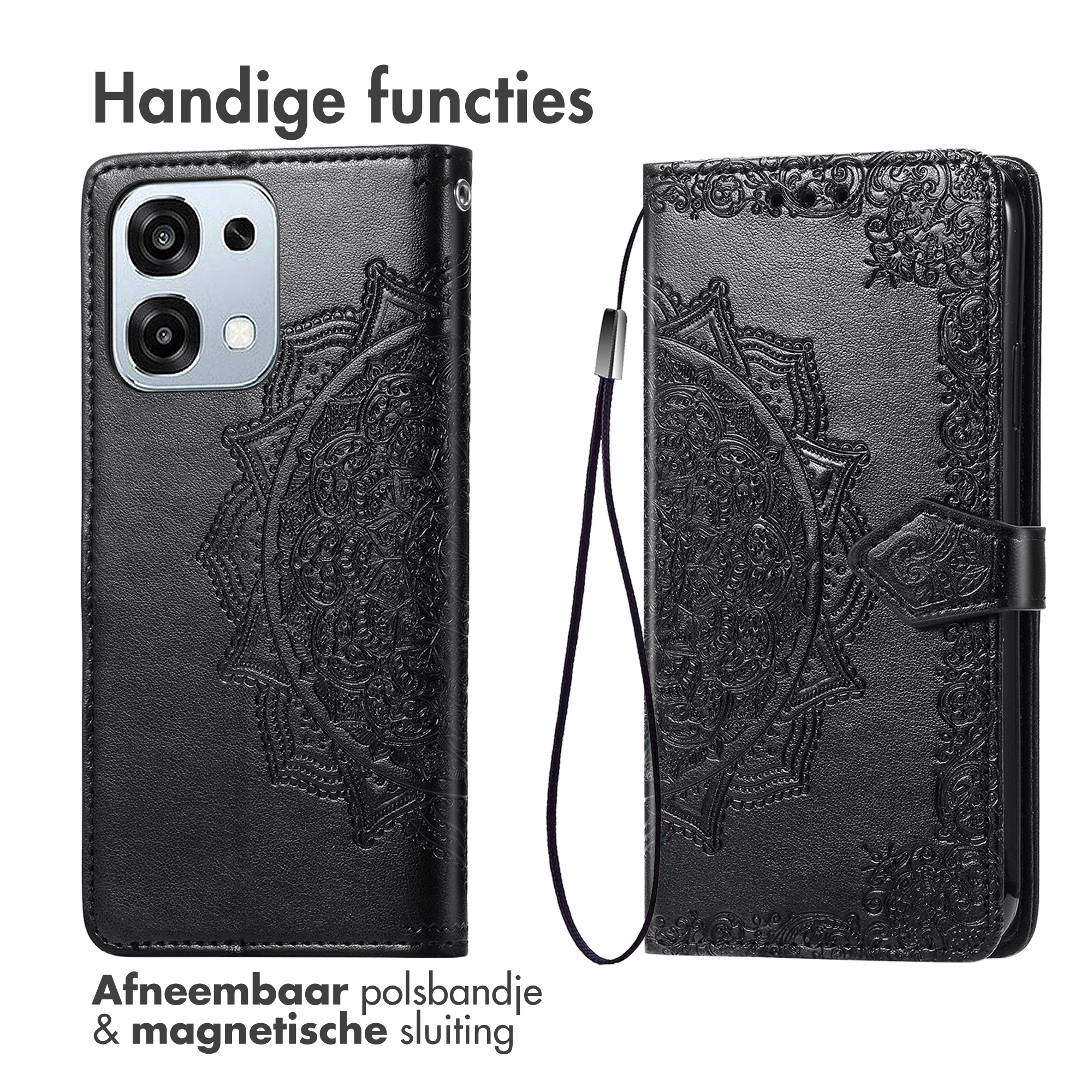Coque de téléphone noire avec motif mandala et dragonne amovible.