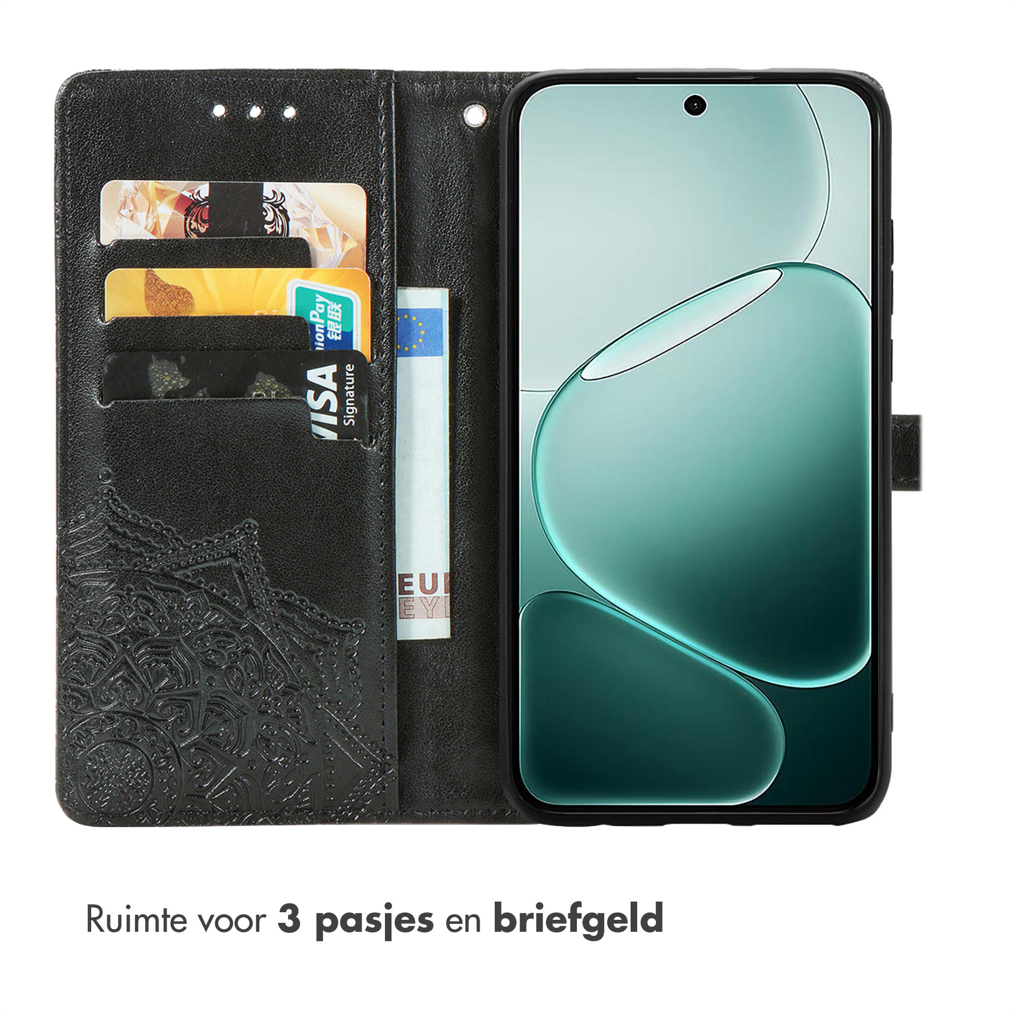 Étui noir pour téléphone avec fentes pour cartes et poche à billets. Un téléphone est inséré.
