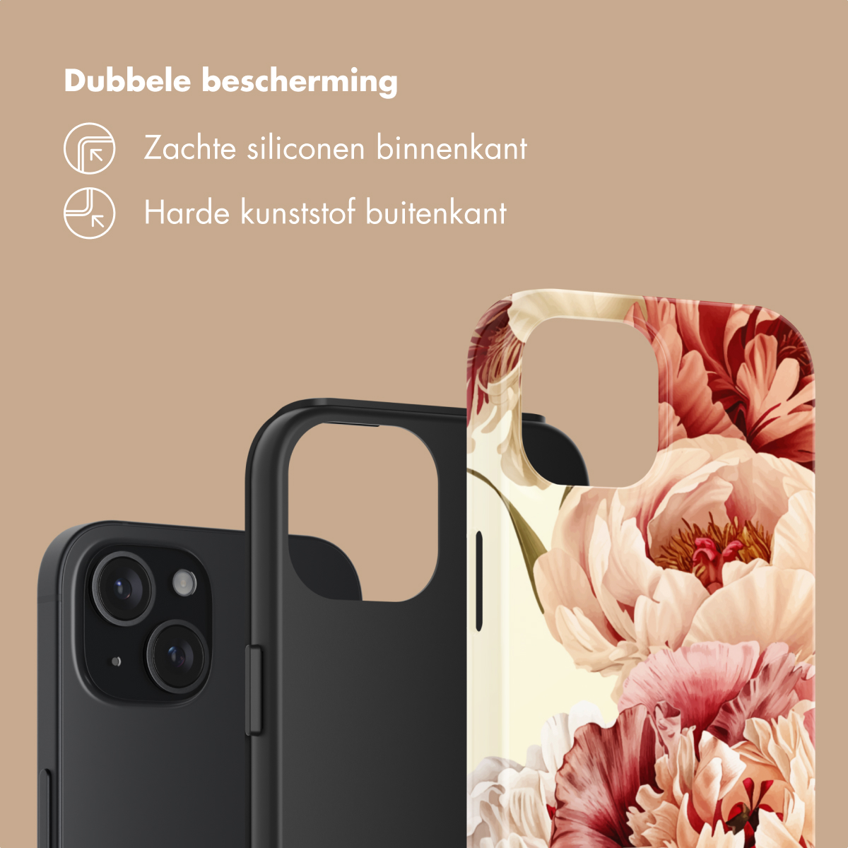 Twee telefoonhoesjes: één zwart, één met bloemenpatroon.
