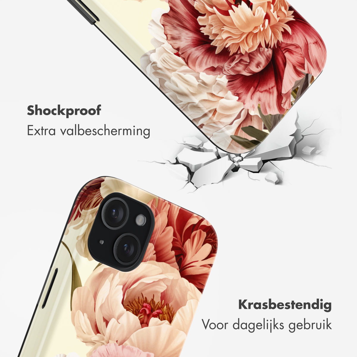 Een telefoonhoesje met bloemenpatroon breekt witte vloertegels.