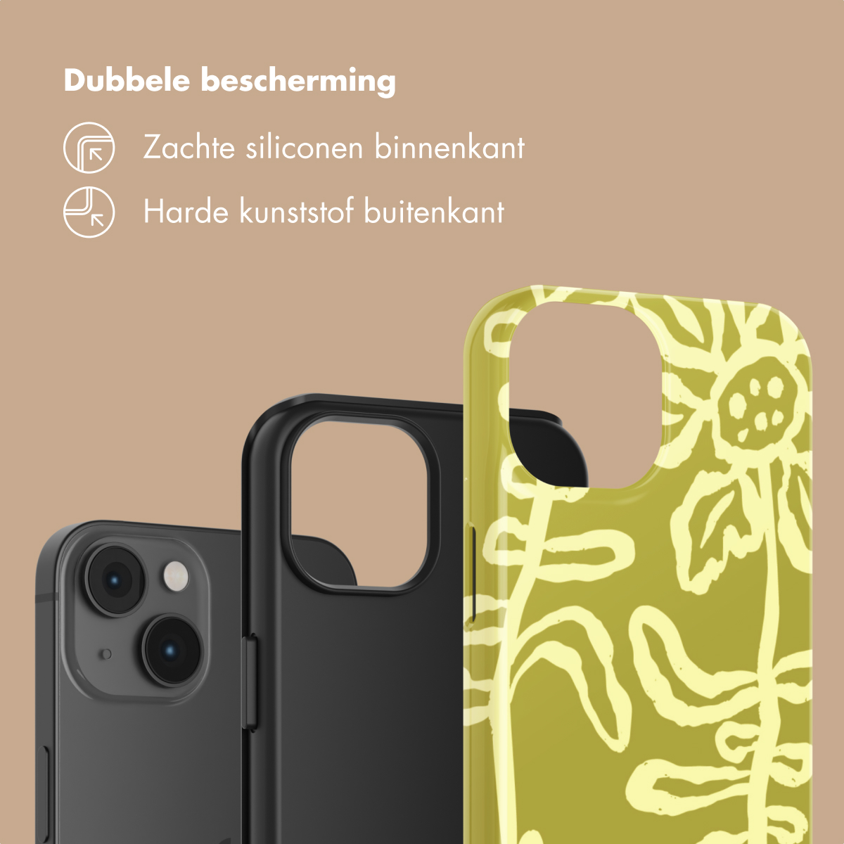 Tre cover per telefono: una nera, una nera con motivo e una grigia.