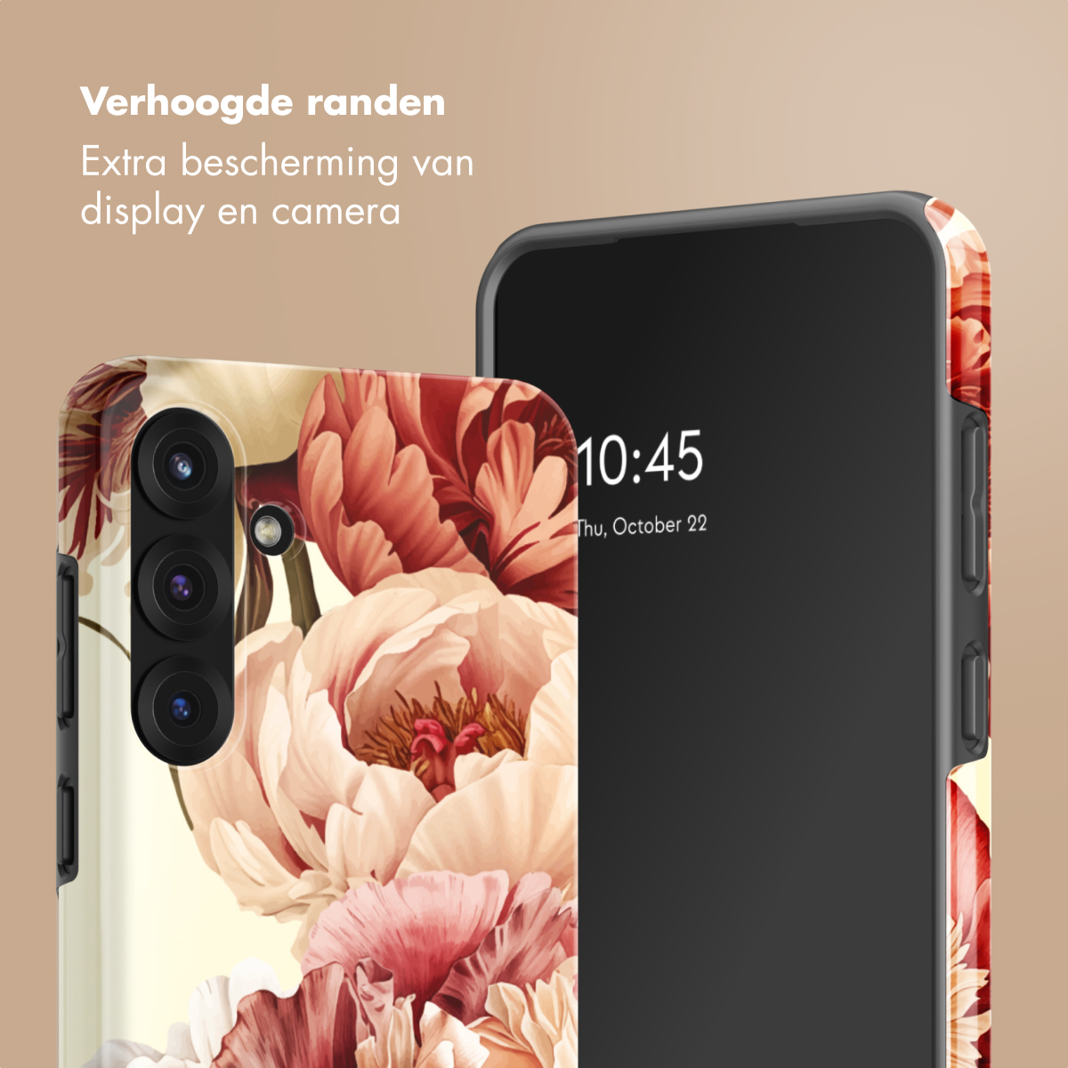 Un telefono con custodia floreale e bordi rialzati per protezione.