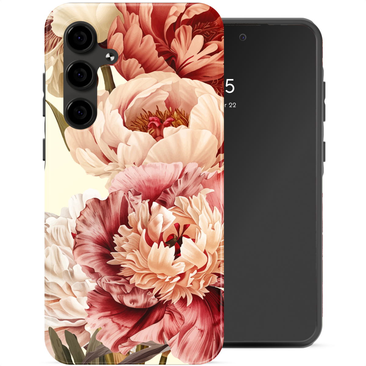 Uno smartphone con cover a fiori di peonia sui toni del rosso e del rosa.