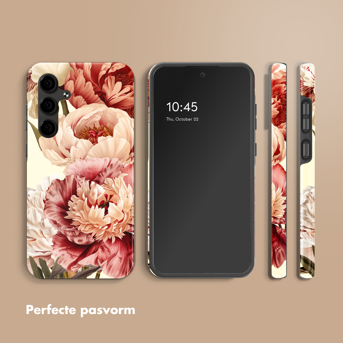 Custodia per telefono con motivo floreale, accanto a uno smartphone con schermo scuro.