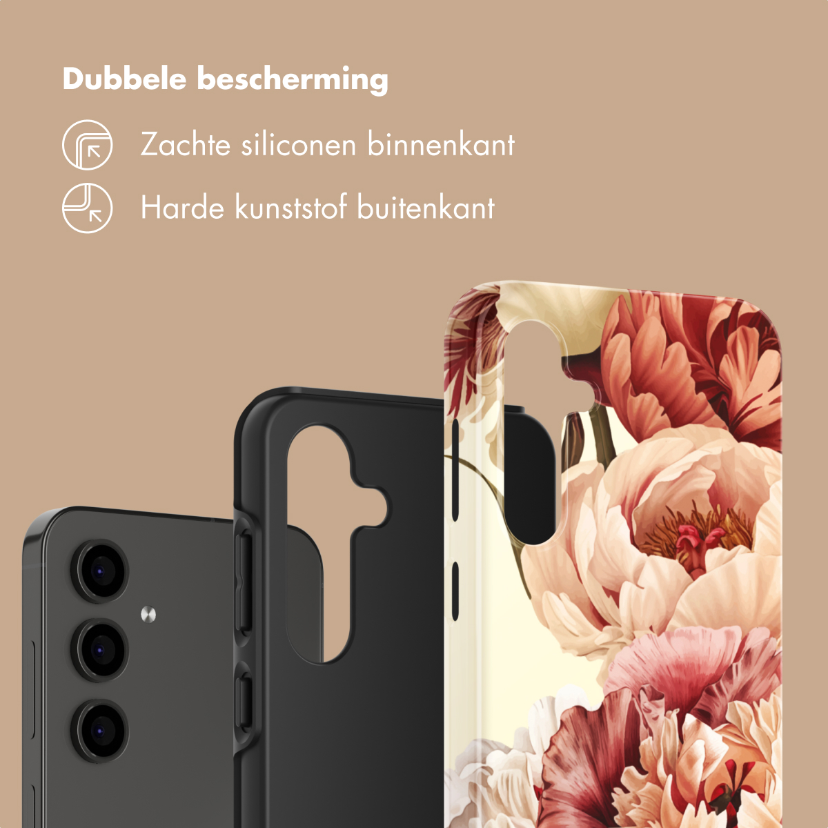 Un telefono nero con custodia floreale e testo sulla doppia protezione.