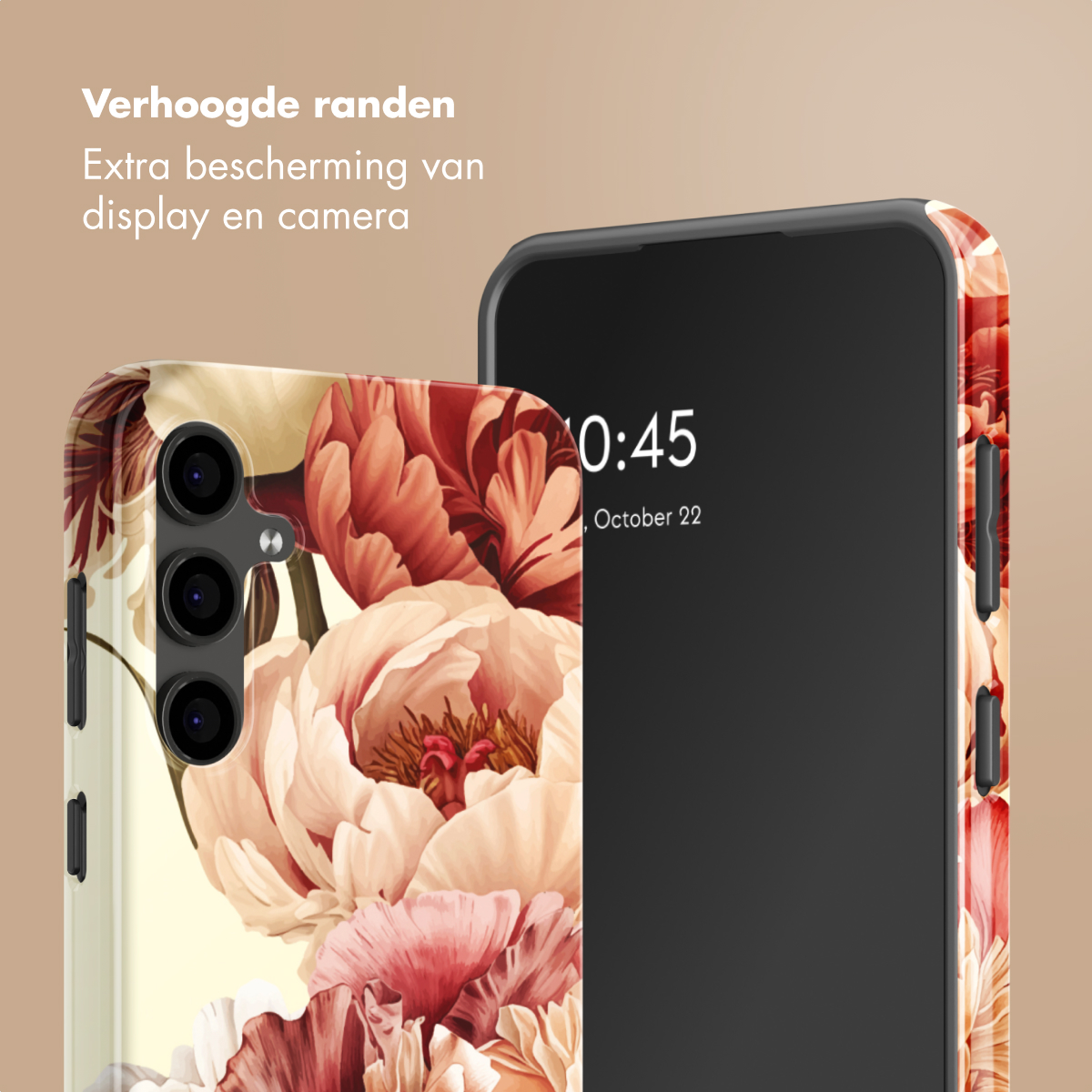 Uno smartphone con cover a stampa floreale rossa e crema. Bordi rialzati.