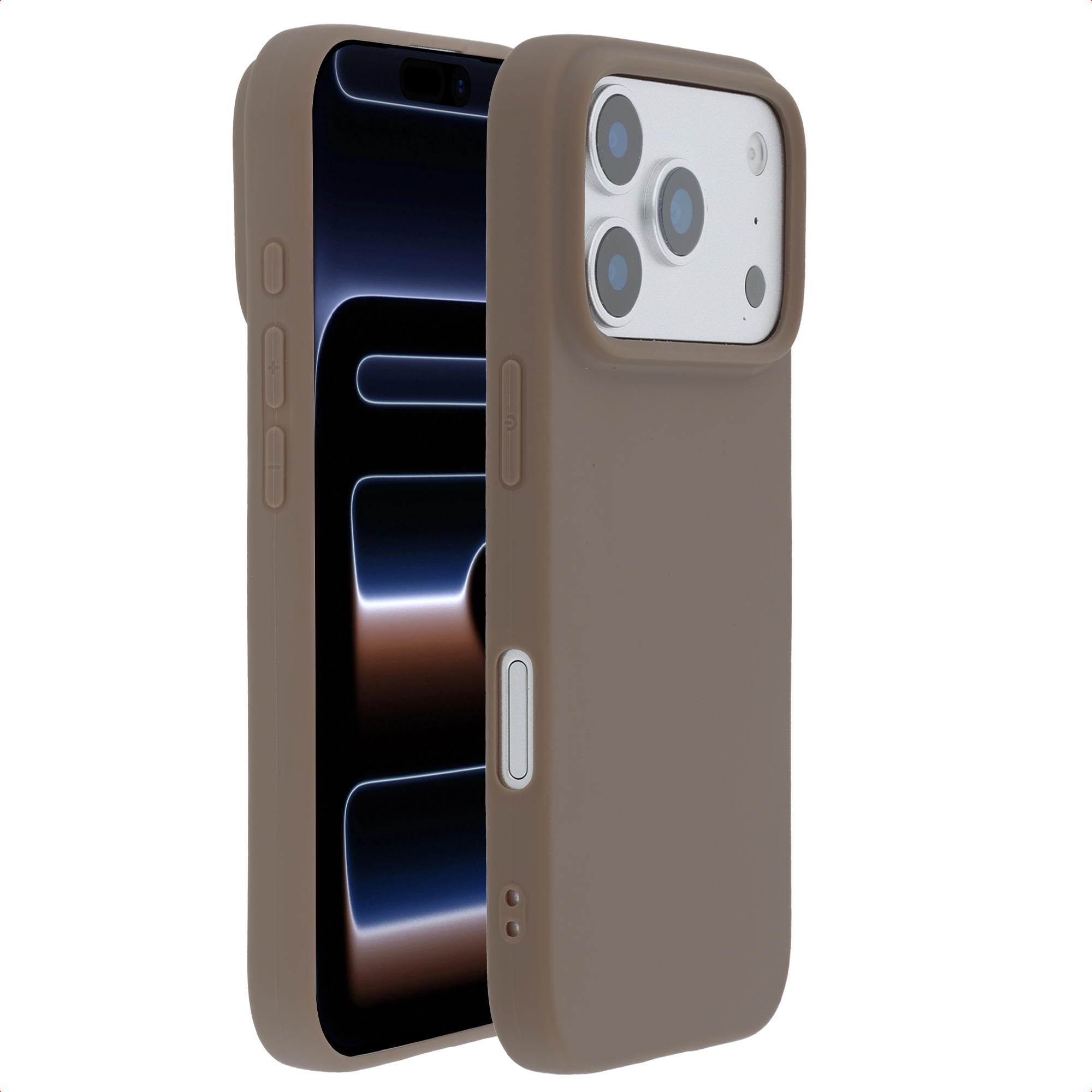 Una cover per telefono marrone con tre fotocamere e schermo scuro.