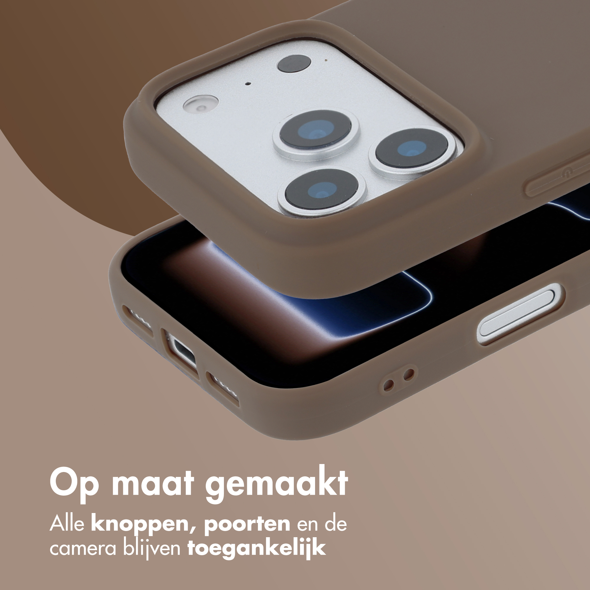 Custodia marrone per telefono su un telefono con tre fotocamere.