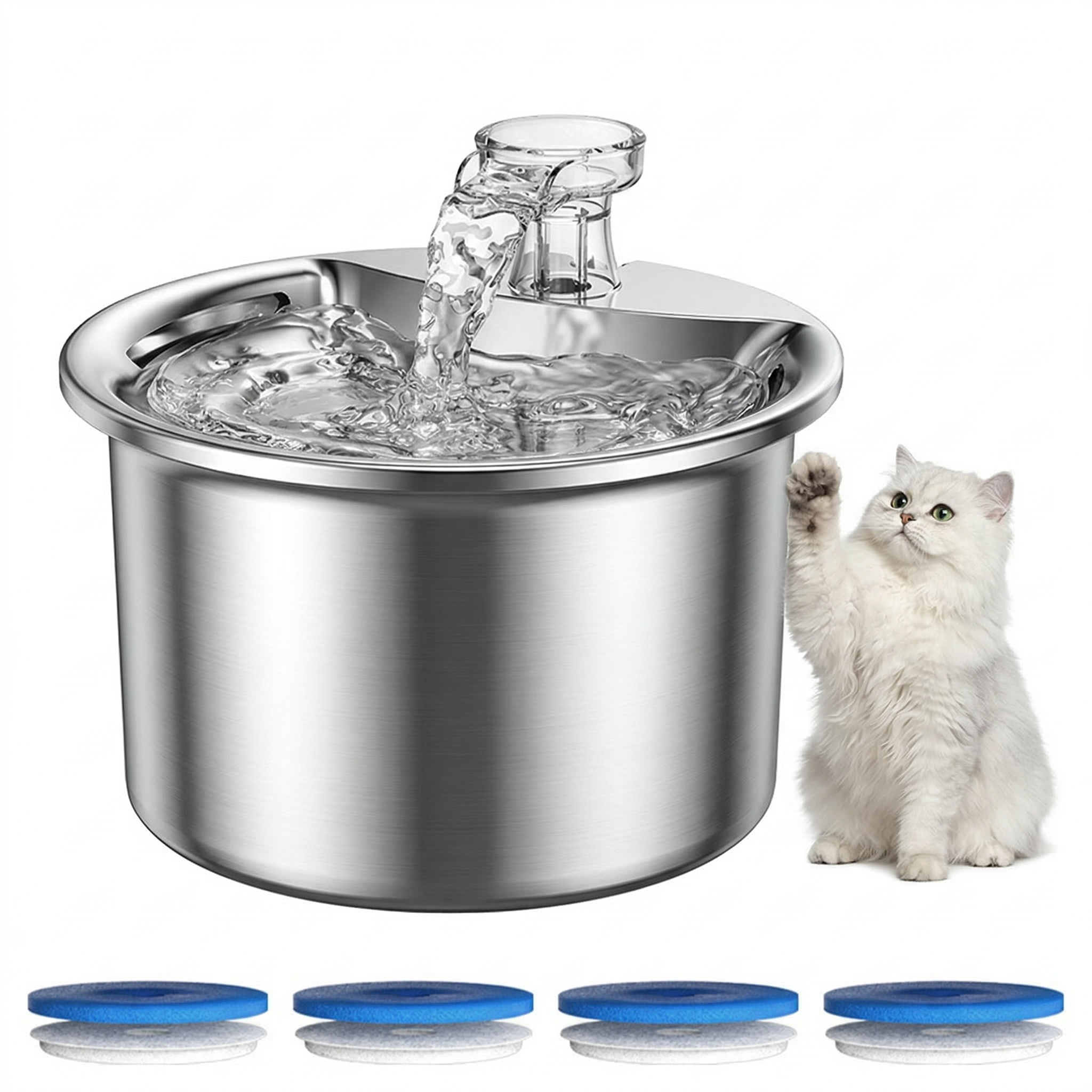 Eine weiße Katze neben einem silbernen Trinkbrunnen mit fließendem Wasser.