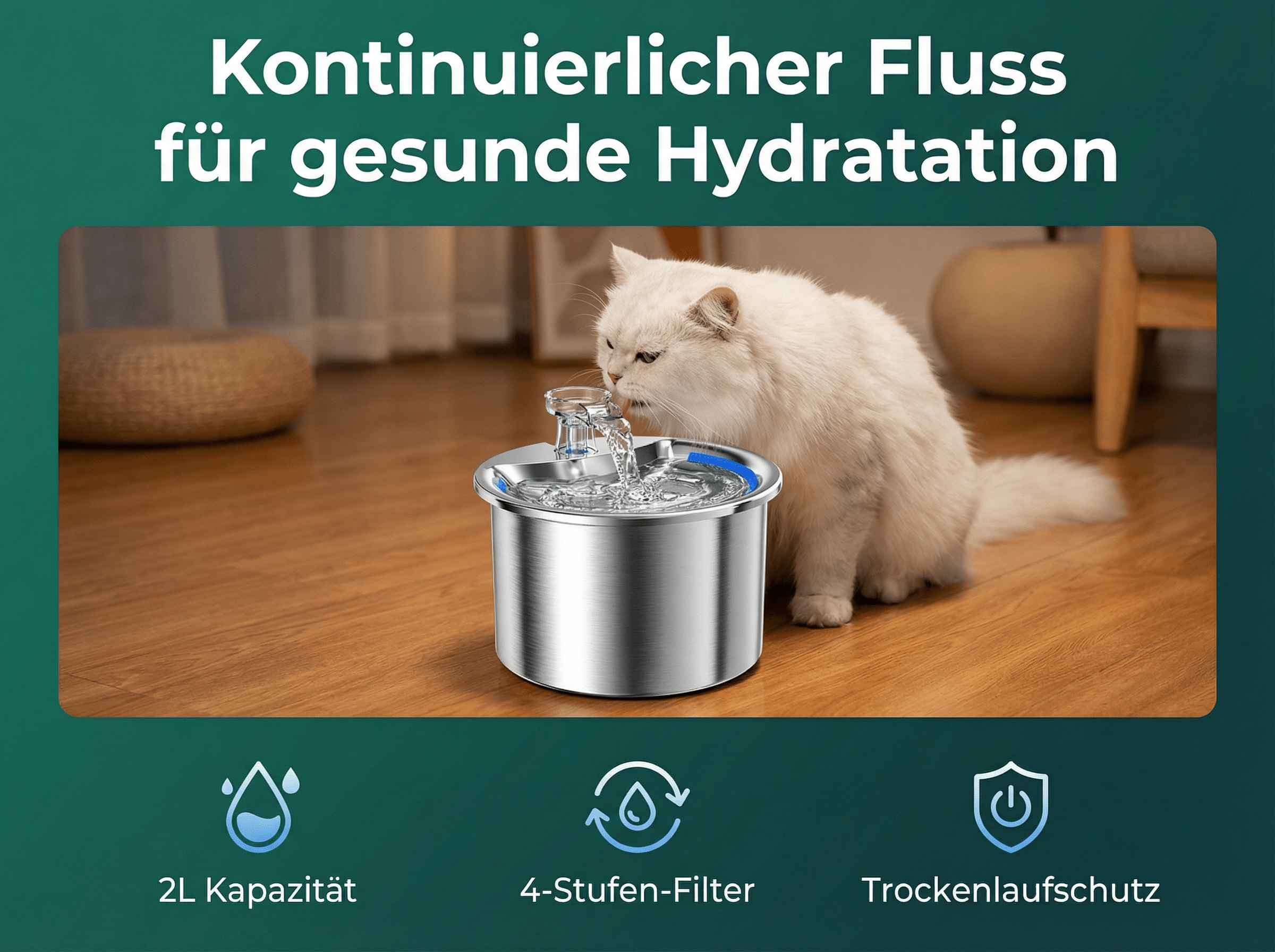 Eine weiße Katze trinkt aus einem silbernen Trinkbrunnen auf einem Holzboden.