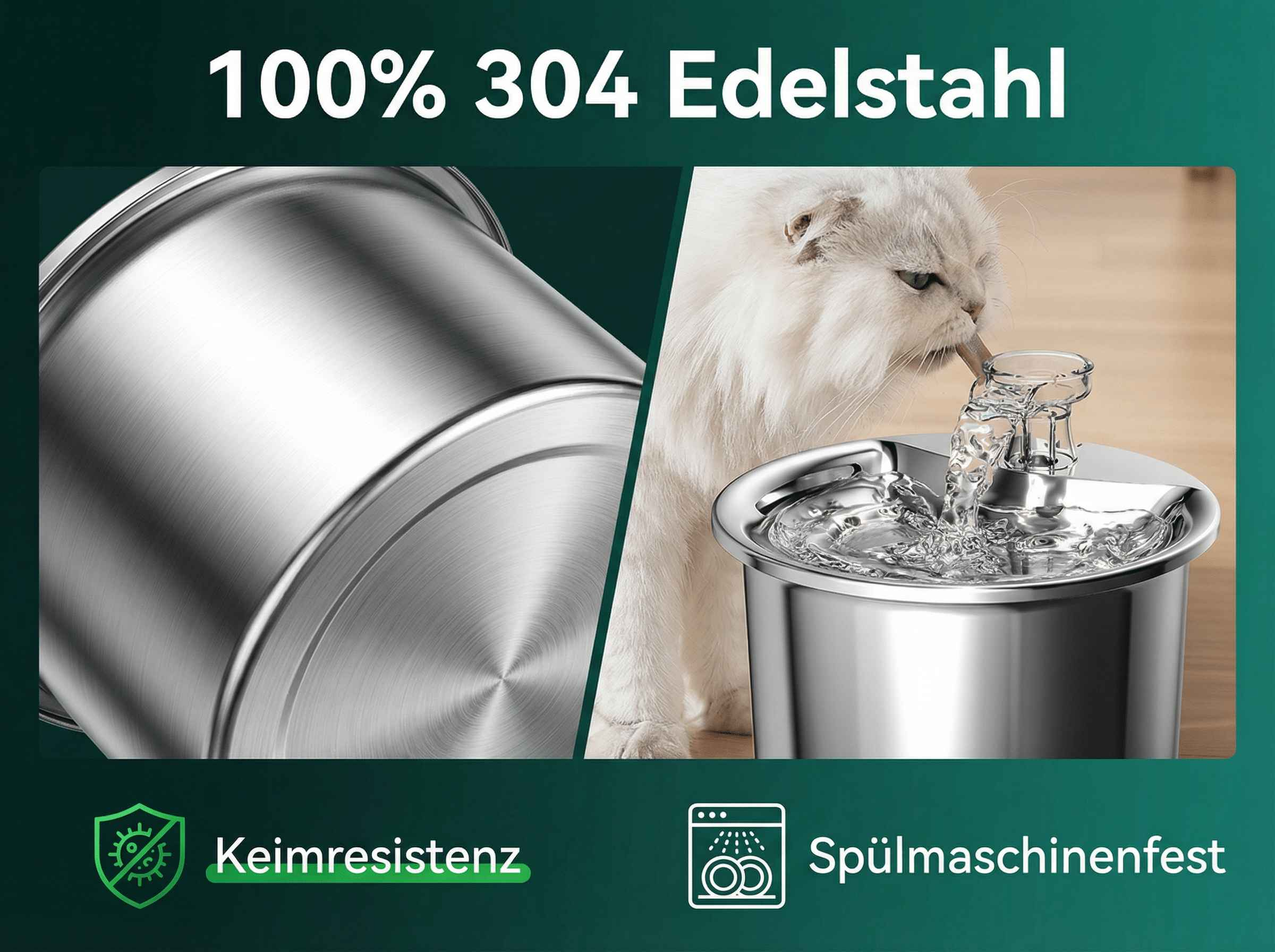 Ein weißes Kätzchen trinkt aus einem Edelstahlbrunnen.