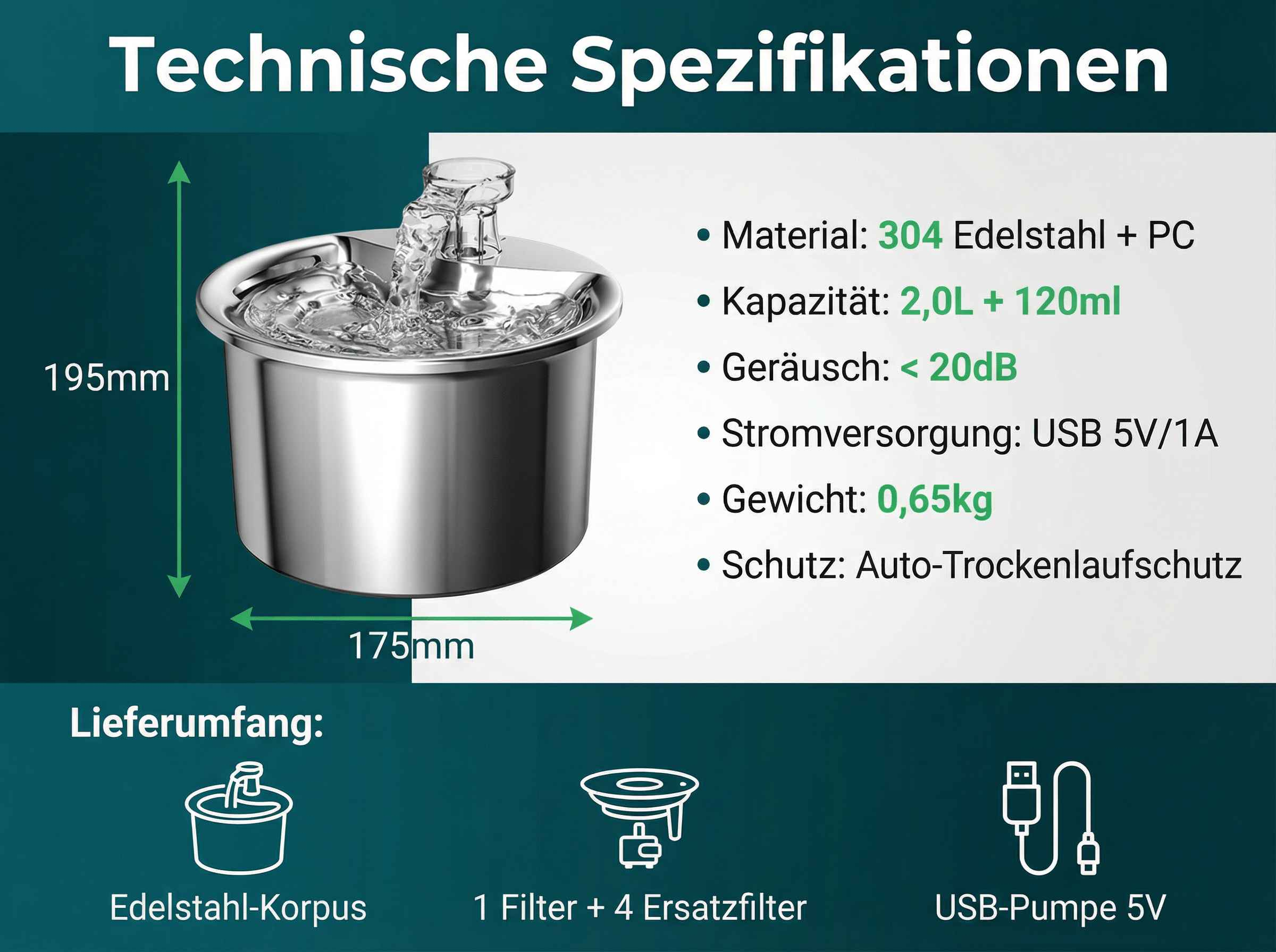 Technische Daten: 195mm hoch, 175mm breit. Material: Edelstahl. Lieferumfang: Korpus, Filter, Pumpe.