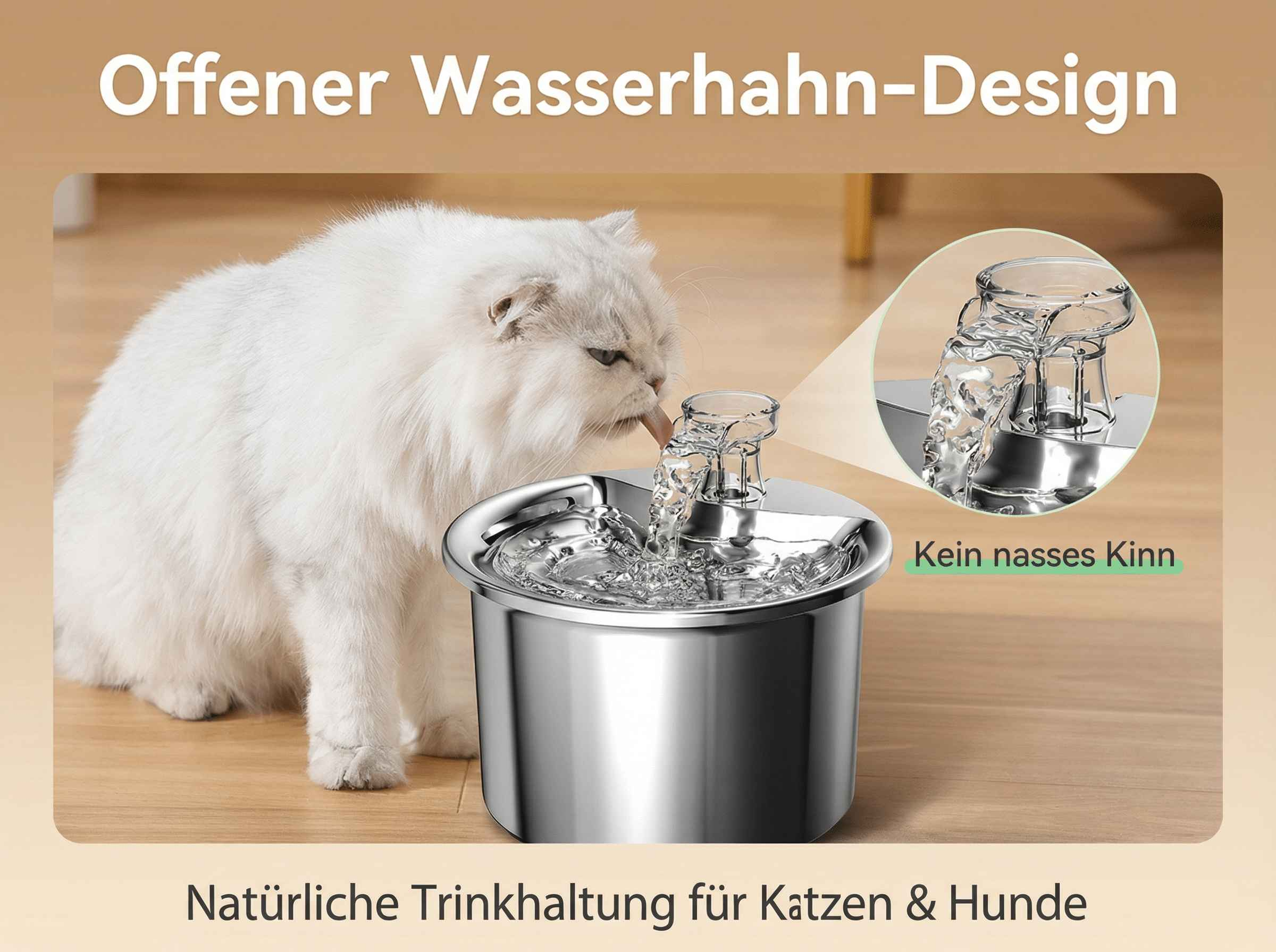 Eine weiße Katze trinkt aus einem silbernen Trinkbrunnen mit fließendem Wasser.