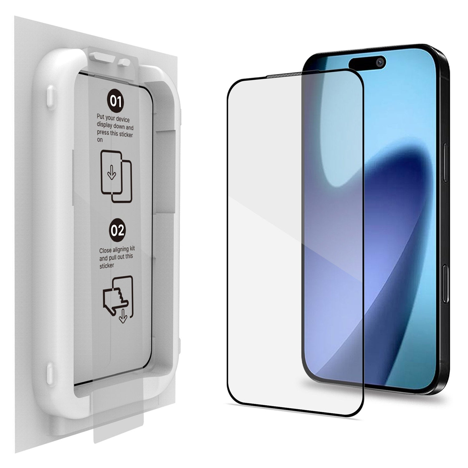 Un kit di allineamento bianco con istruzioni e protezione schermo smartphone.