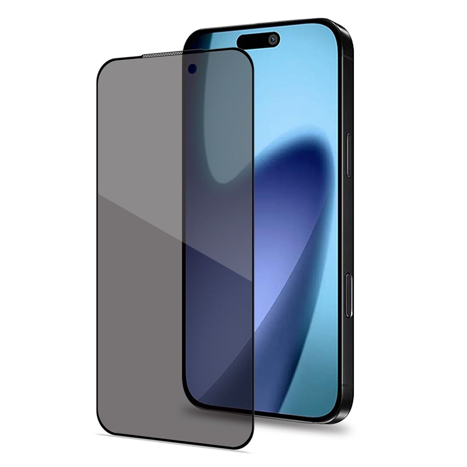 Una protezione schermo privacy nera davanti a uno smartphone con schermo blu.