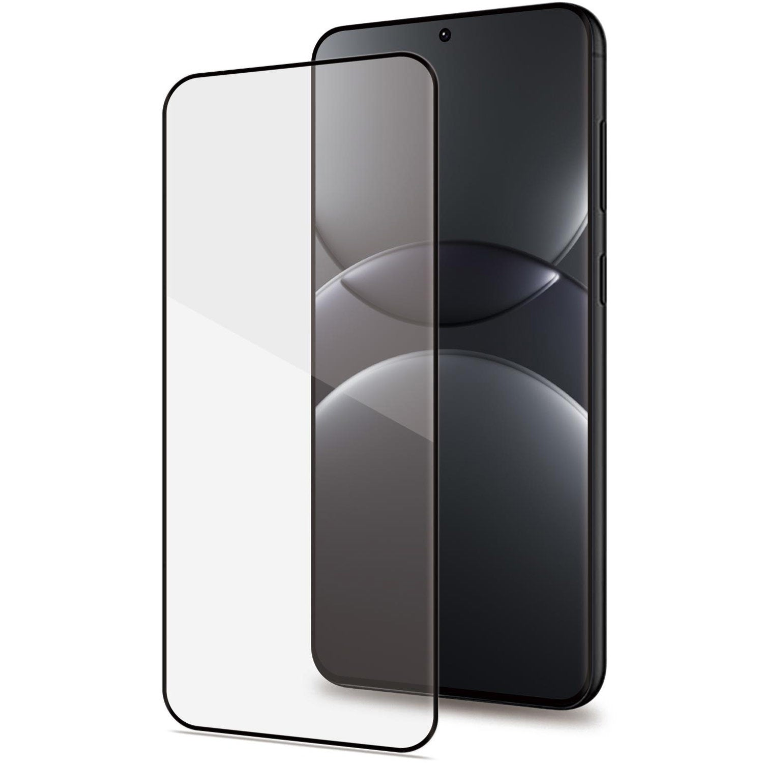 Una protezione schermo trasparente è accanto a uno smartphone nero.