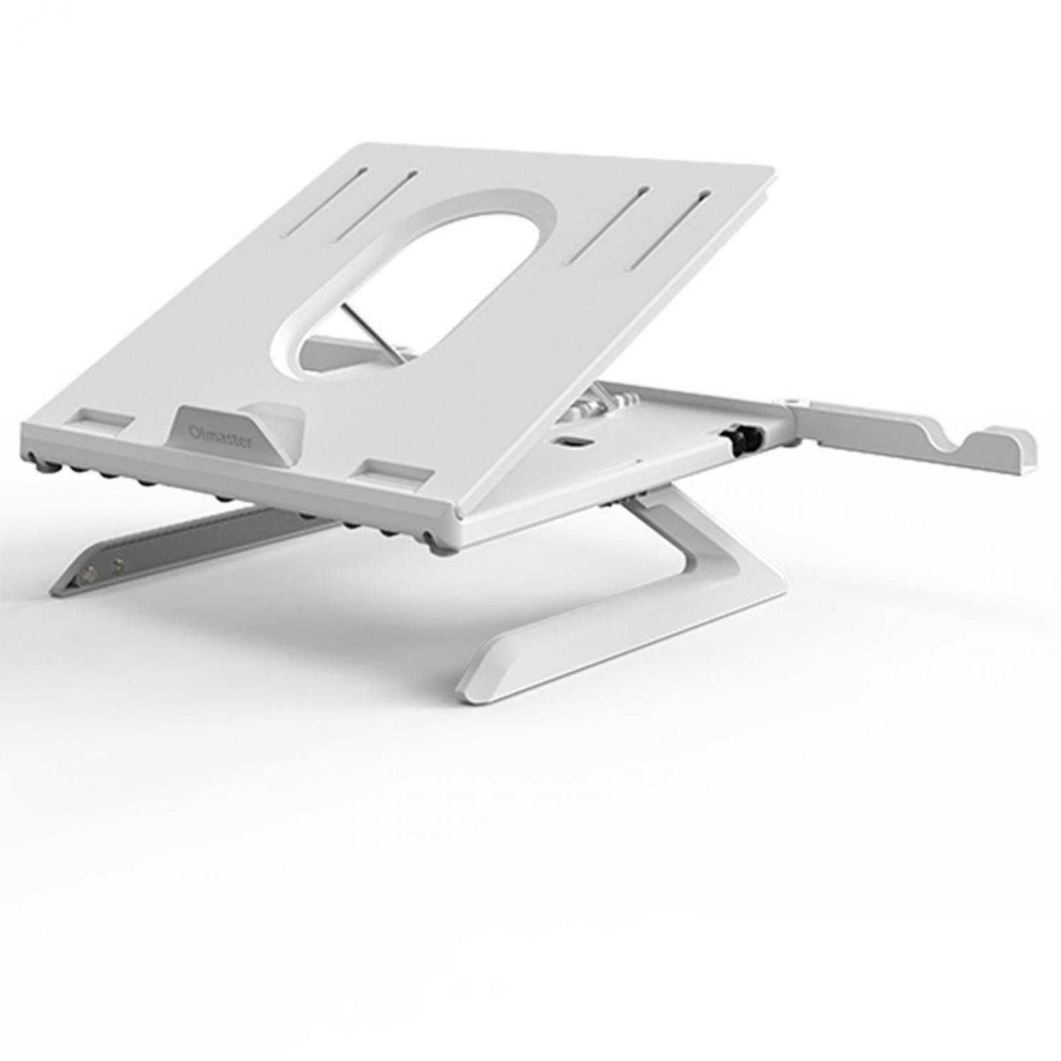 Ein weißer, verstellbarer Laptopständer mit Lüftungsschlitzen.