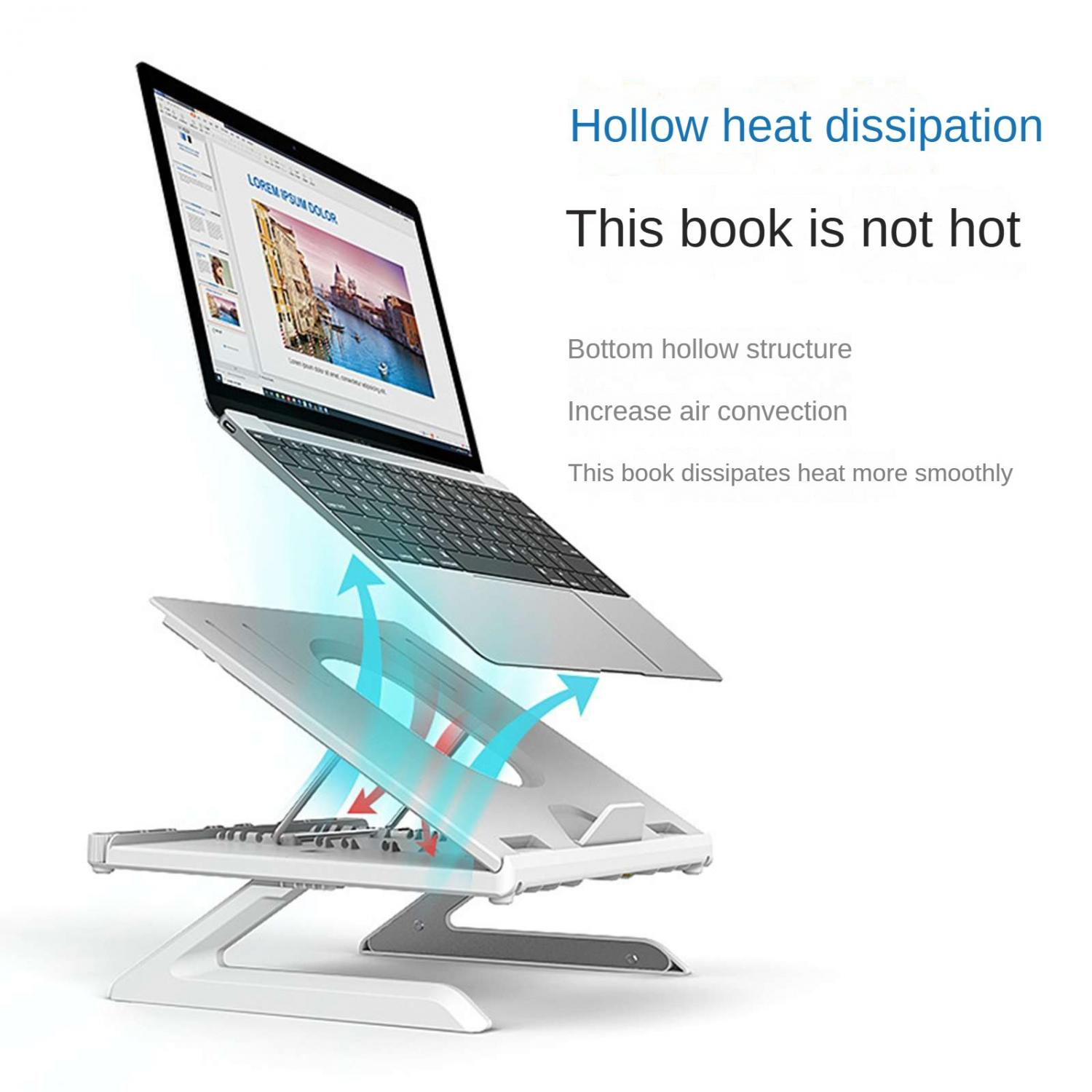 Ein Laptop steht auf einem weißen Ständer, der für die Wärmeableitung konzipiert ist.