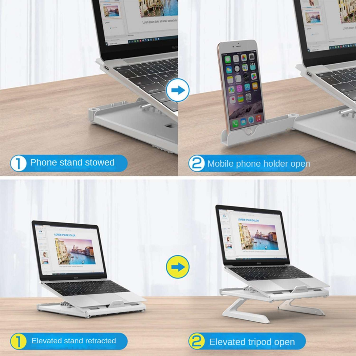 Laptopständer mit ausklappbarem Handyhalter und ausklappbarem Stativ.