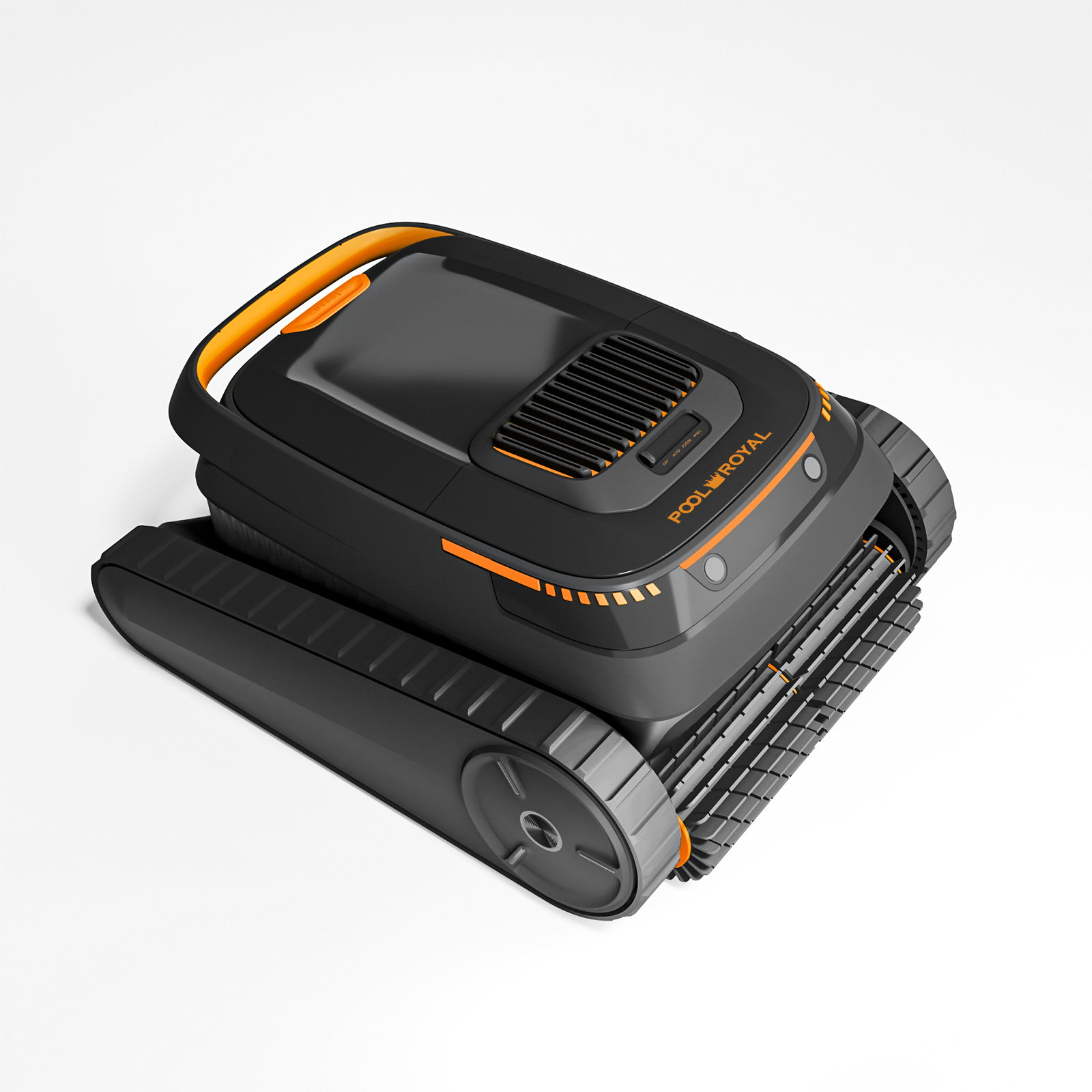 Ein schwarzer Poolroboter mit orangefarbenen Akzenten, Raupenantrieb und Tragegriff.