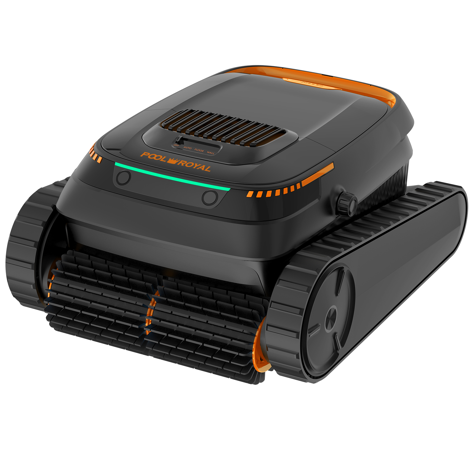 Ein schwarzer Poolroboter mit orangen Akzenten und Raupenantrieb.
