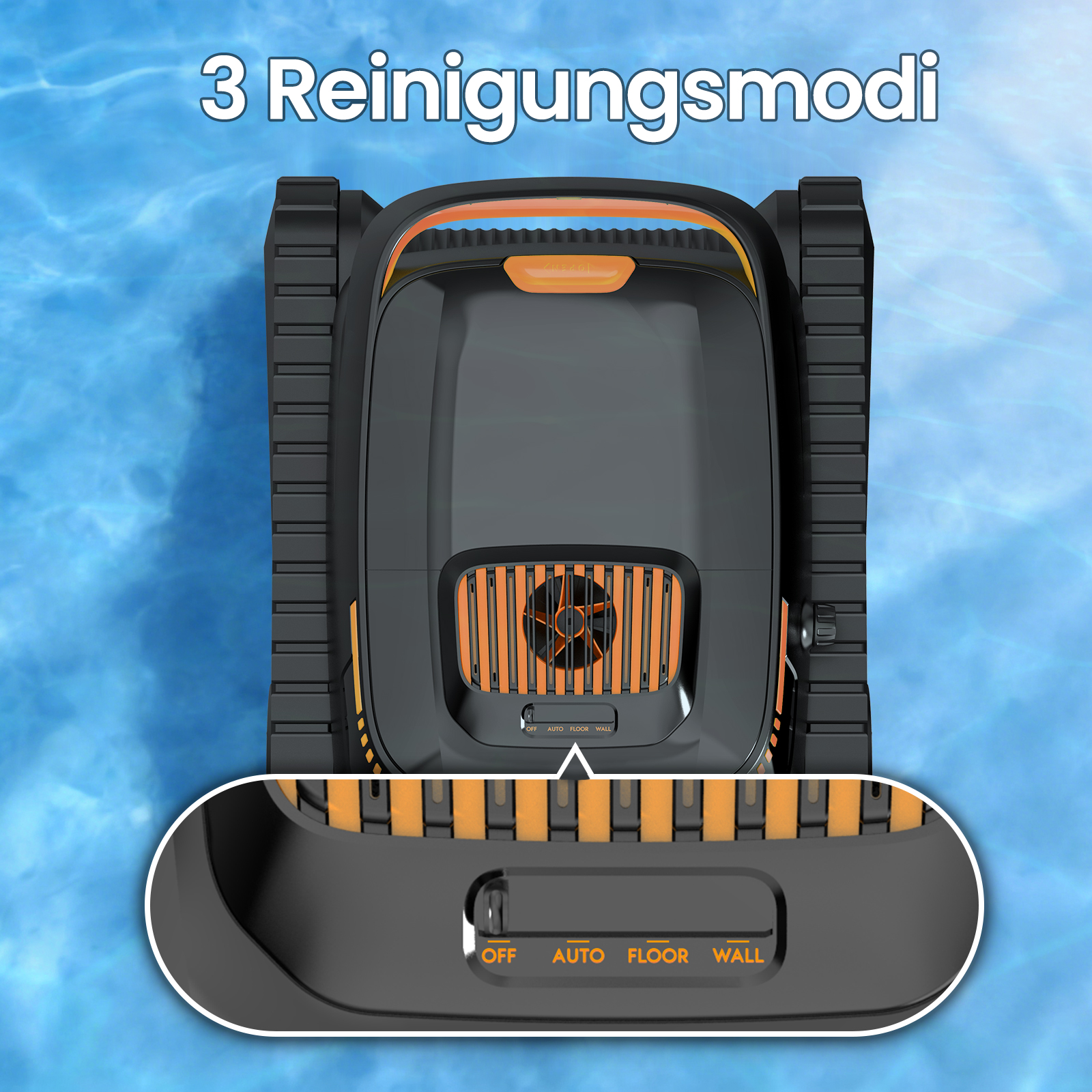 Ein schwarzer Poolreiniger mit orangen Akzenten und Rädern, schwimmt im blauen Wasser.