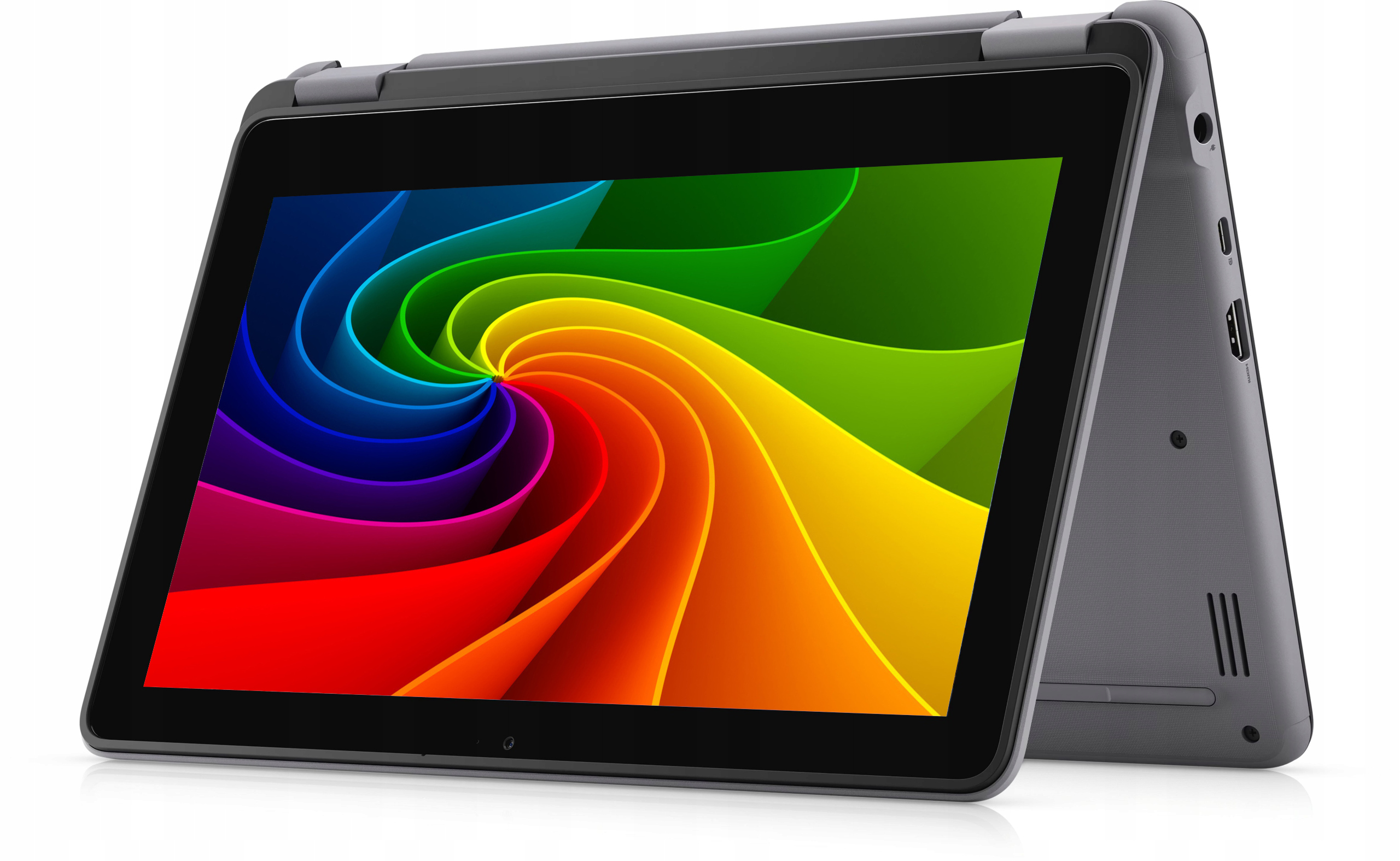 Ein graues Convertible-Laptop mit einem bunten spiralförmigen Hintergrund auf dem Bildschirm.