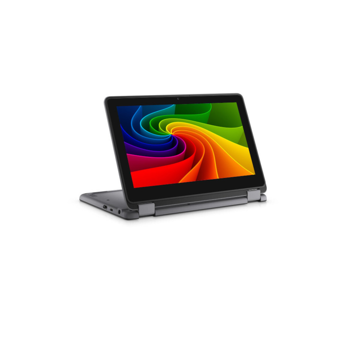 Ein graues Convertible-Laptop mit einem bunten Wirbelmuster auf dem Bildschirm.