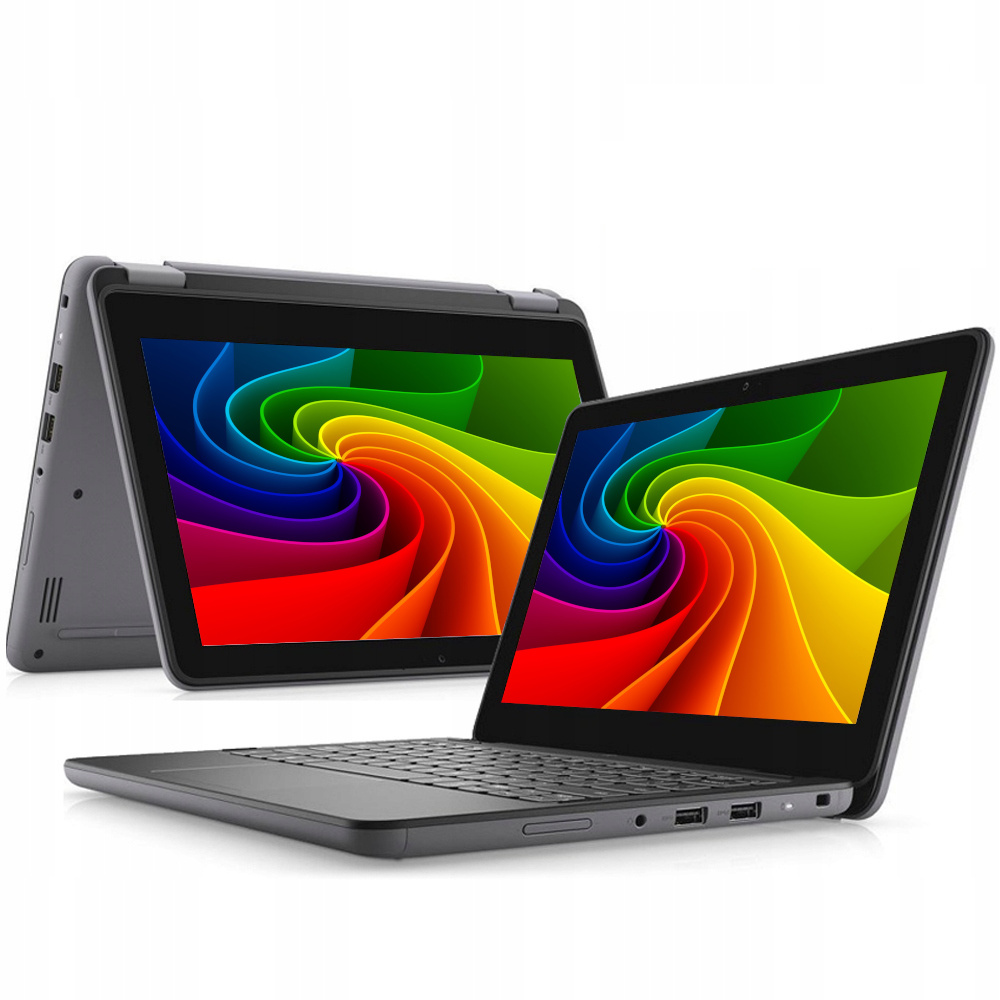 Zwei graue Laptops nebeneinander, beide mit Regenbogen-Wirbel-Hintergrund.