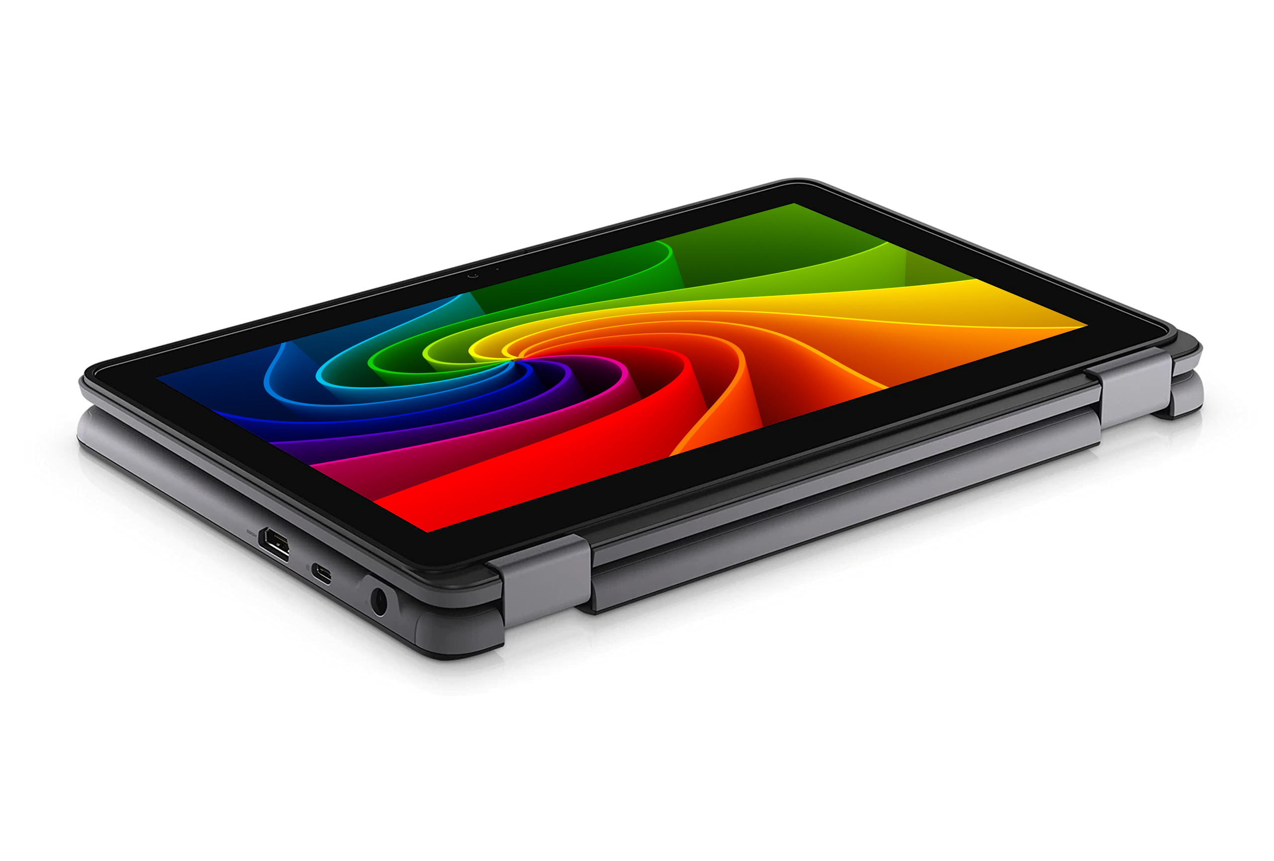 Ein geschlossenes Tablet mit einem bunten Wirbelmuster auf dem Bildschirm.