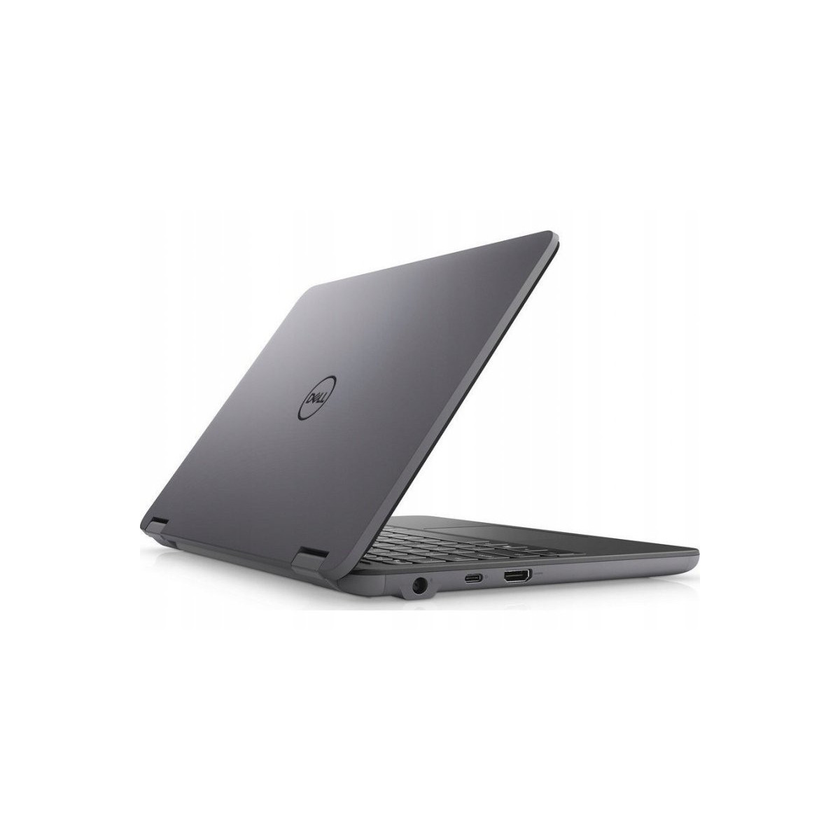 Ein geschlossenes graues Dell-Notebook mit dem Logo auf dem Deckel.