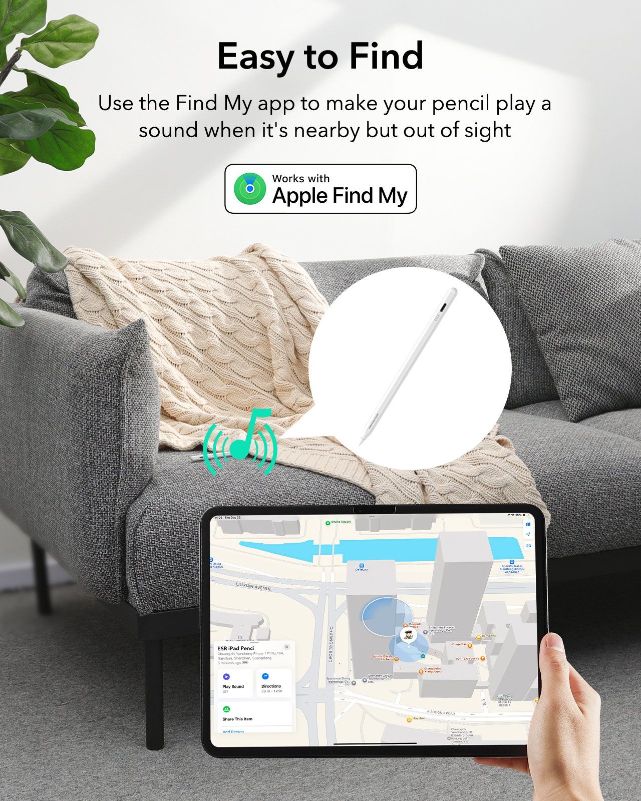 Ein Stift wird auf einem Sofa gezeigt, der über die Find My App geortet wird.