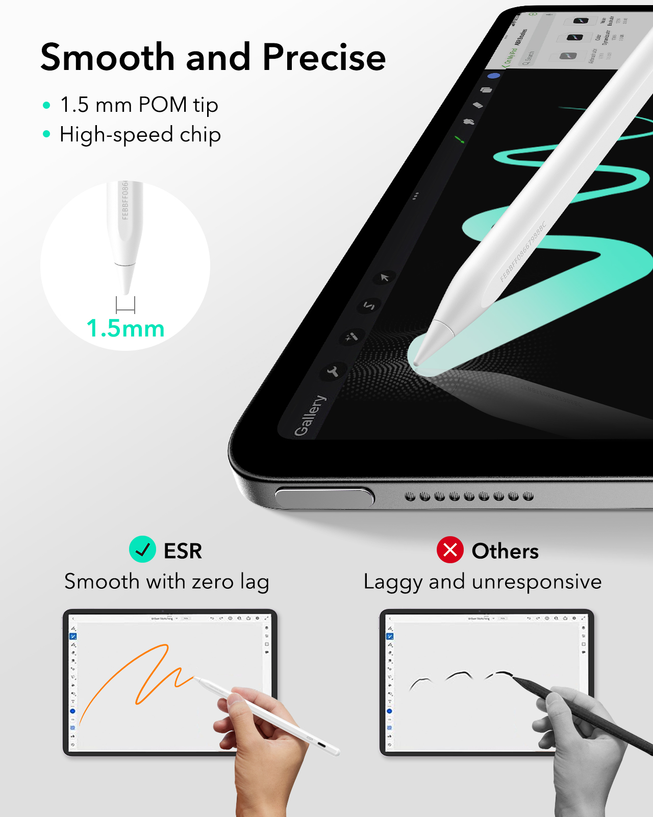 Stylus mit 1,5mm Spitze auf Tablet, zeigt glattes Zeichnen vs. verzögertes Zeichnen.