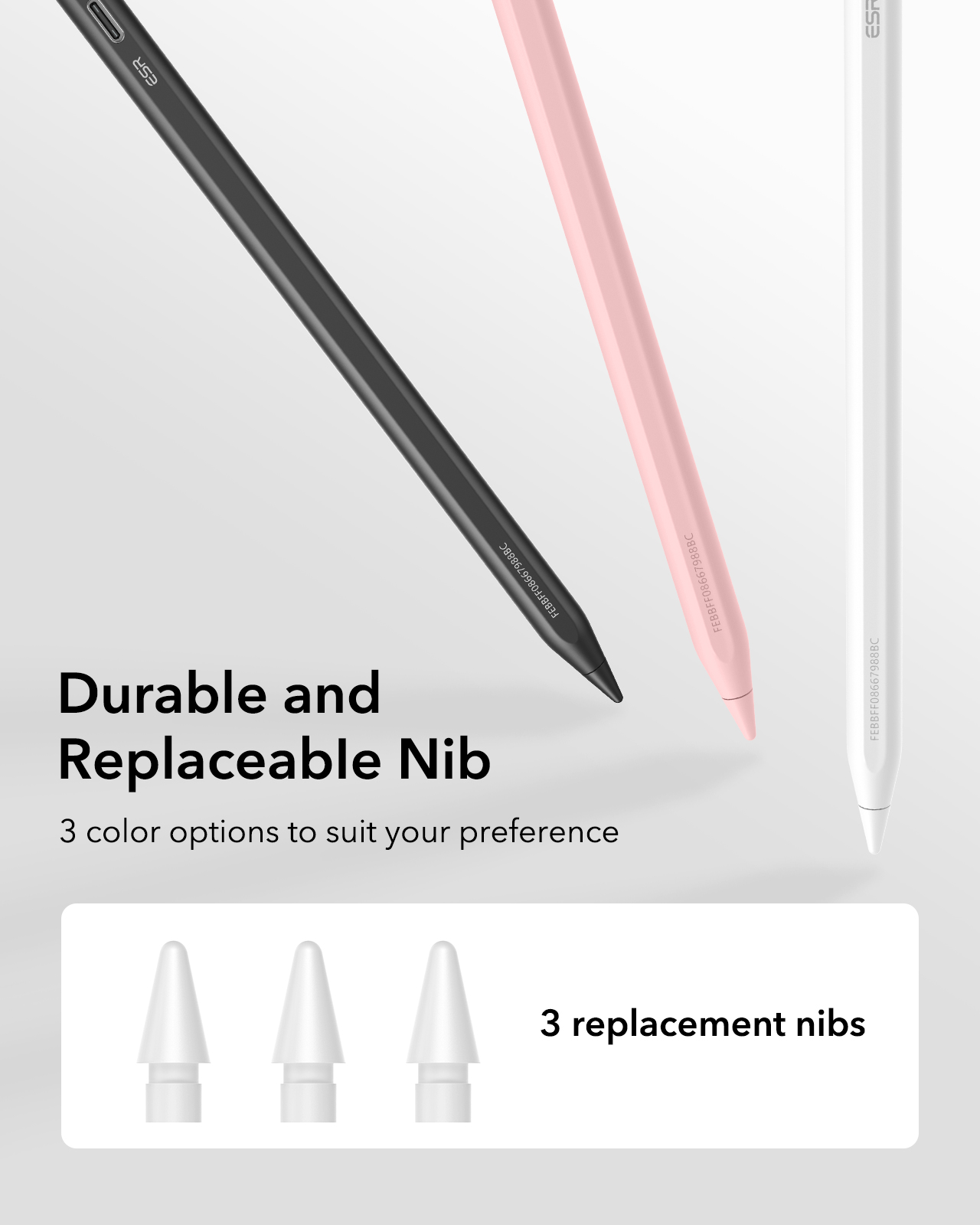 Schwarzer, rosafarbener und weißer Stift mit 3 Ersatzspitzen.