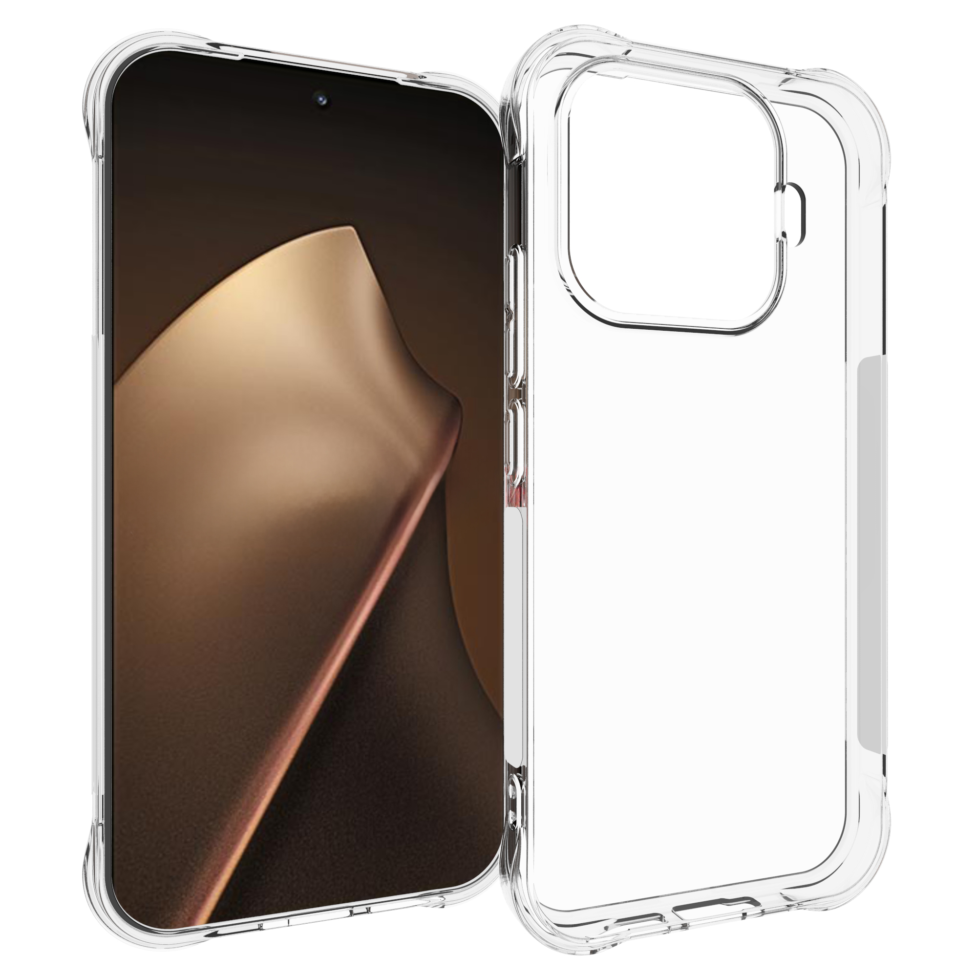 Transparante beschermhoes voor smartphone tegen bruine achtergrond.