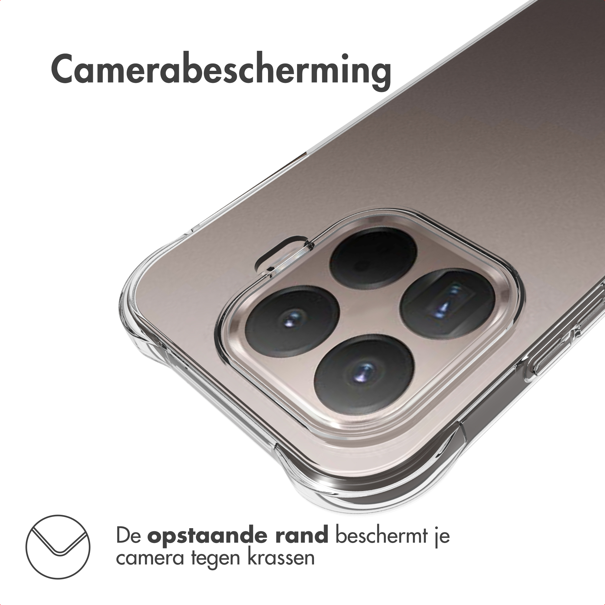 Transparante hoes met verhoogde rand beschermt cameralenzen tegen krassen.