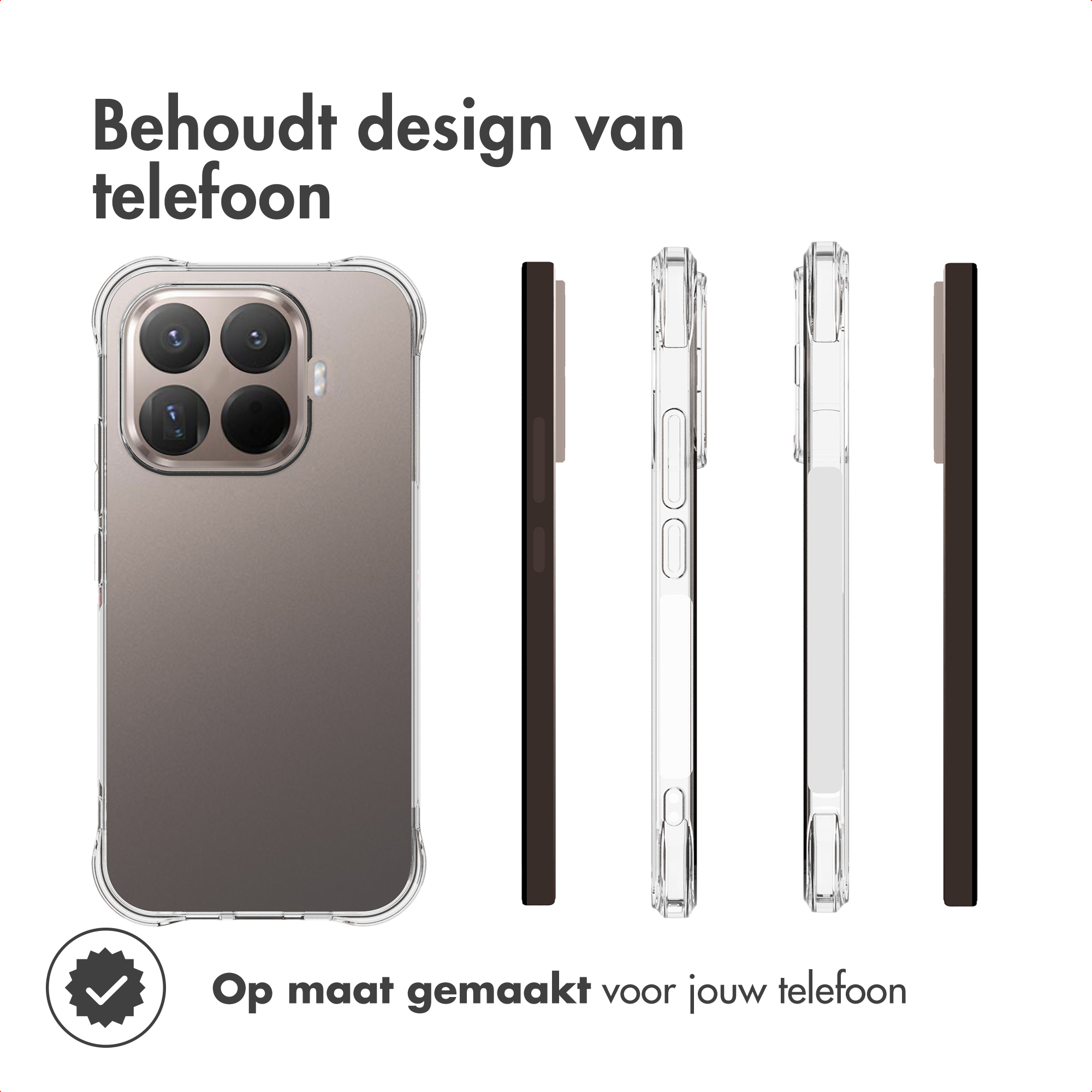 Een doorzichtige telefoonhoes met vier camera's en tekst.