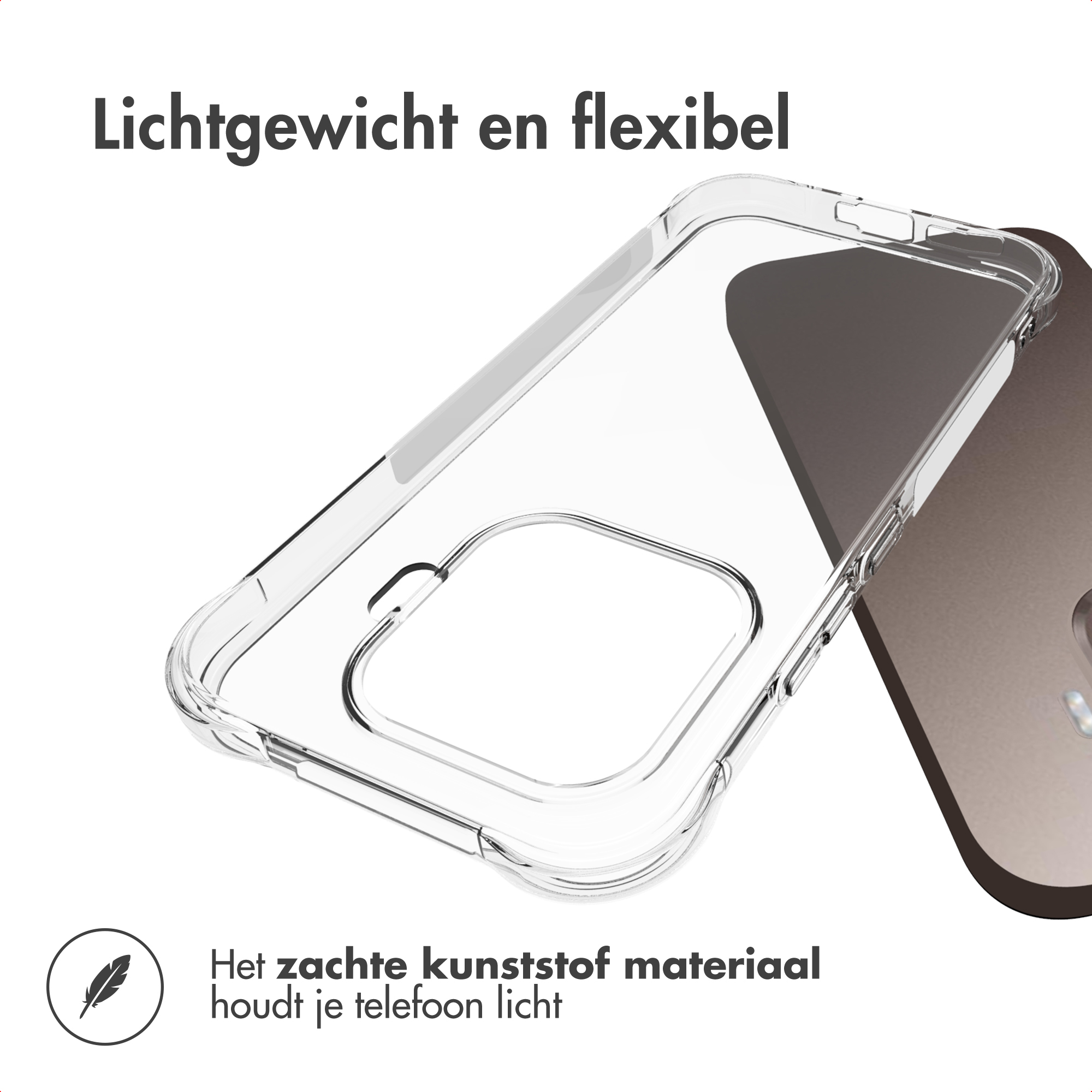 Transparante telefoonhoes met veertje-icoon en tekst 'Lichtgewicht en flexibel'.