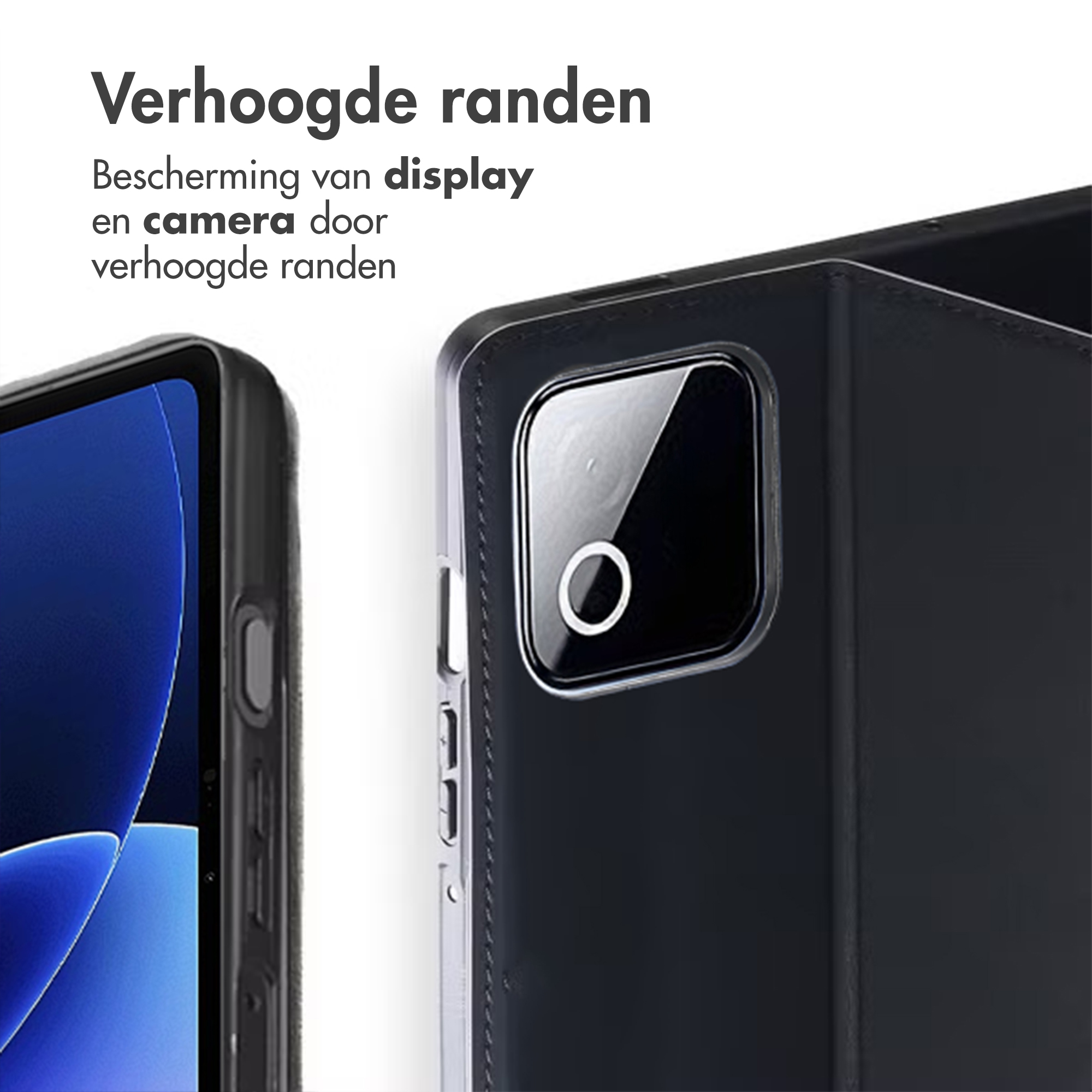 Zwarte telefoonhoes met verhoogde randen voor display- en camerabescherming.
