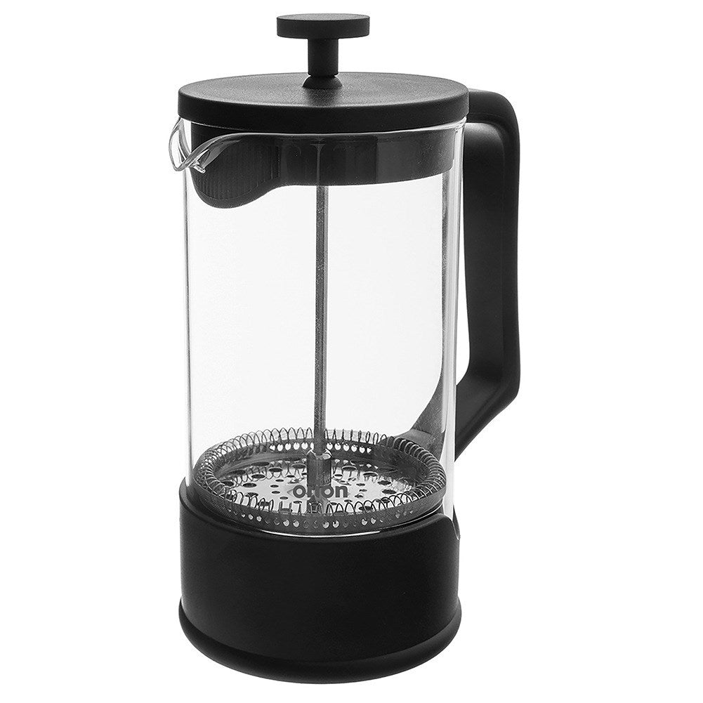 Una cafetera de prensa francesa negra con jarra de cristal y émbolo.