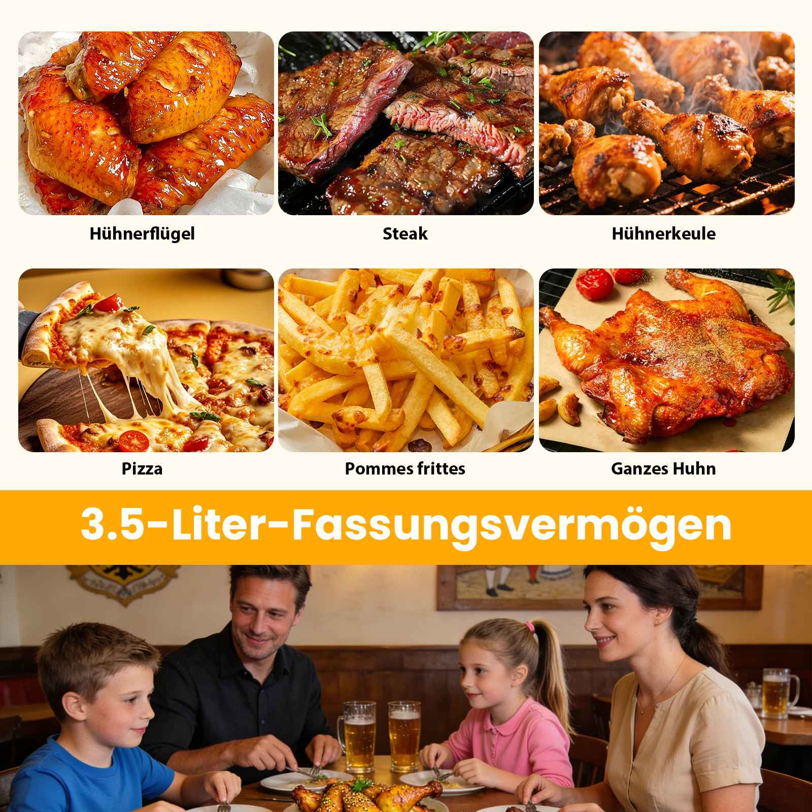 Ein Familienessen mit Hühnerflügeln, Steak, Pommes und einem ganzen Brathähnchen.