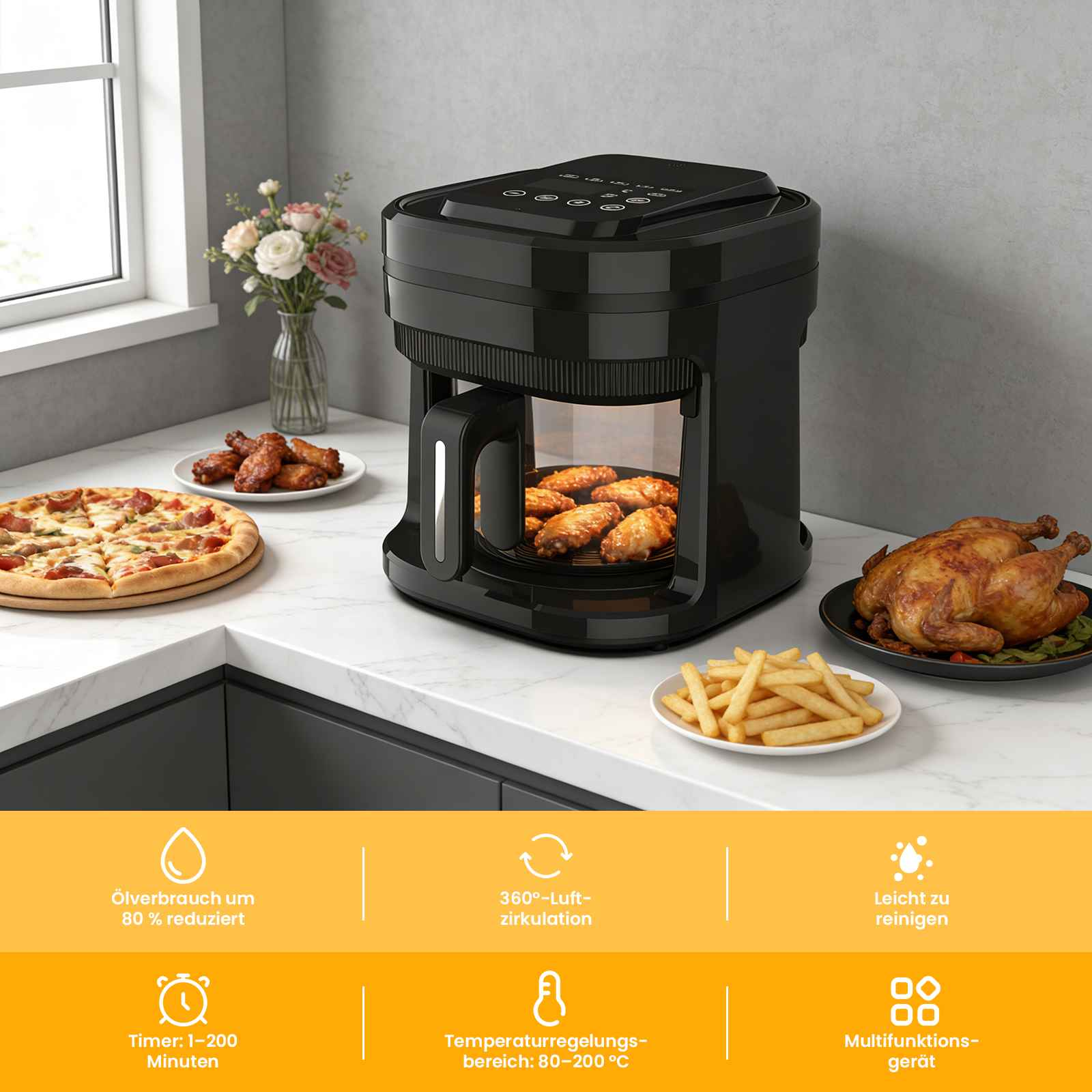 Schwarzer Heißluftfritteuse mit Pizza, Hähnchenflügeln, Pommes und Brathähnchen.