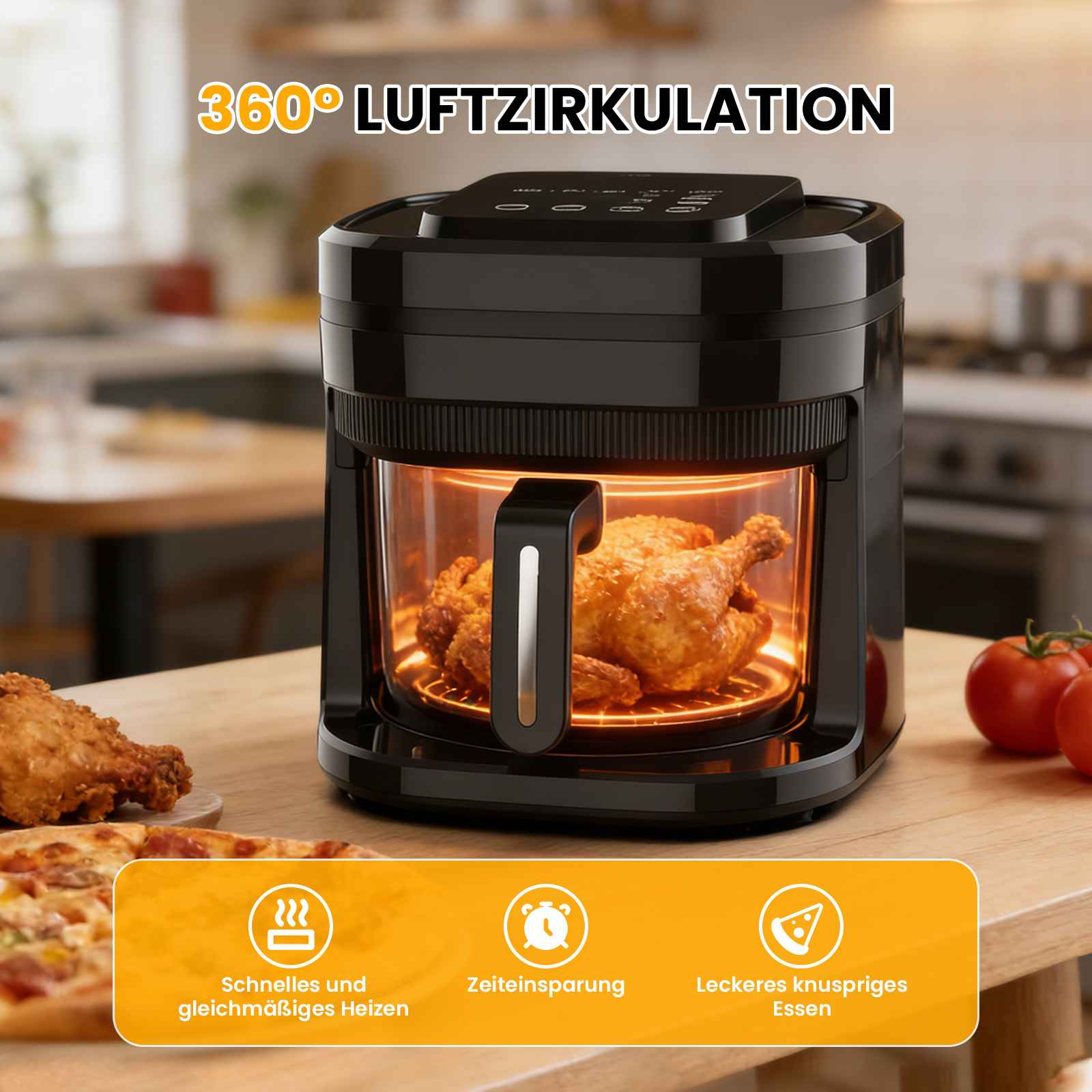 Ein schwarzer Heißluftfritteuse mit einem ganzen Brathähnchen darin. Pizza und Tomaten daneben.