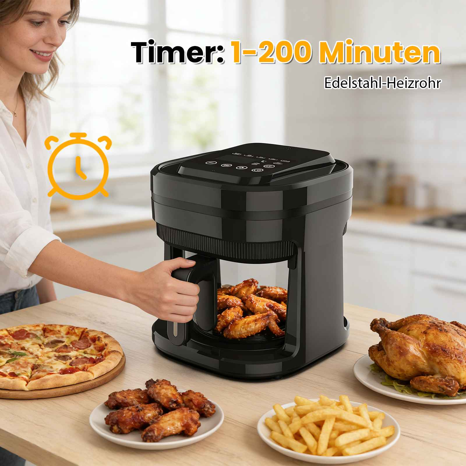 Ein Airfryer mit Hähnchenflügeln, daneben Pizza, Pommes und ein Brathähnchen.