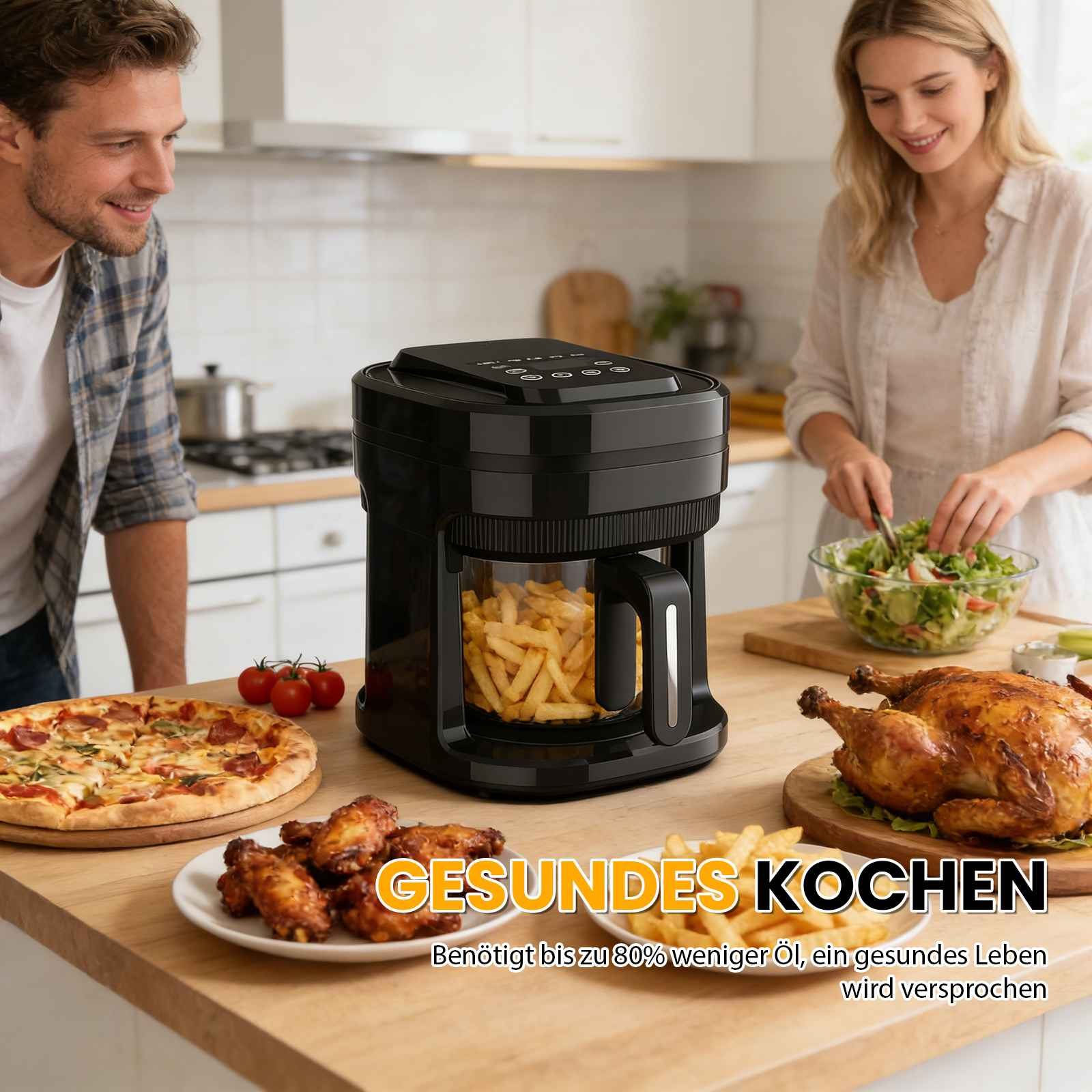 Ein Mann und eine Frau in einer Küche mit einem Airfryer, Pizza, Hähnchen und Salat.