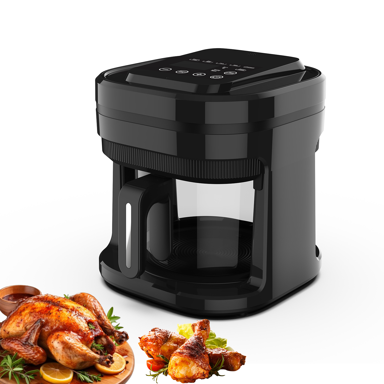 Ein schwarzer Heißluftfritteusen-Kocher mit einem gebratenen Huhn und Hähnchenschenkeln.