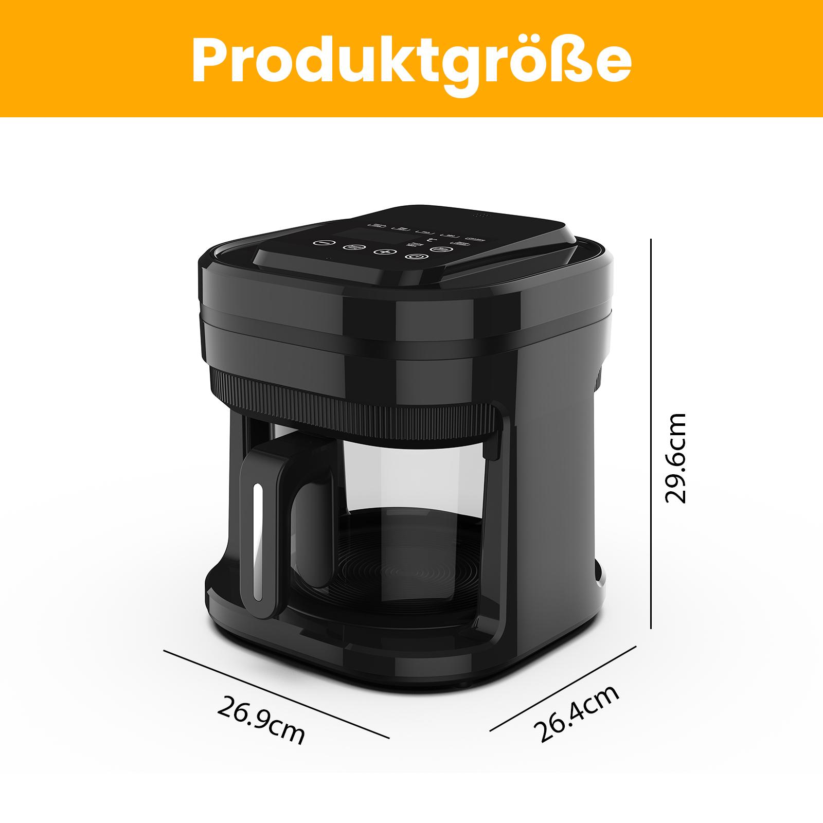 Schwarze Kaffeemaschine mit Maßen 26,9x26,4x29,6cm.