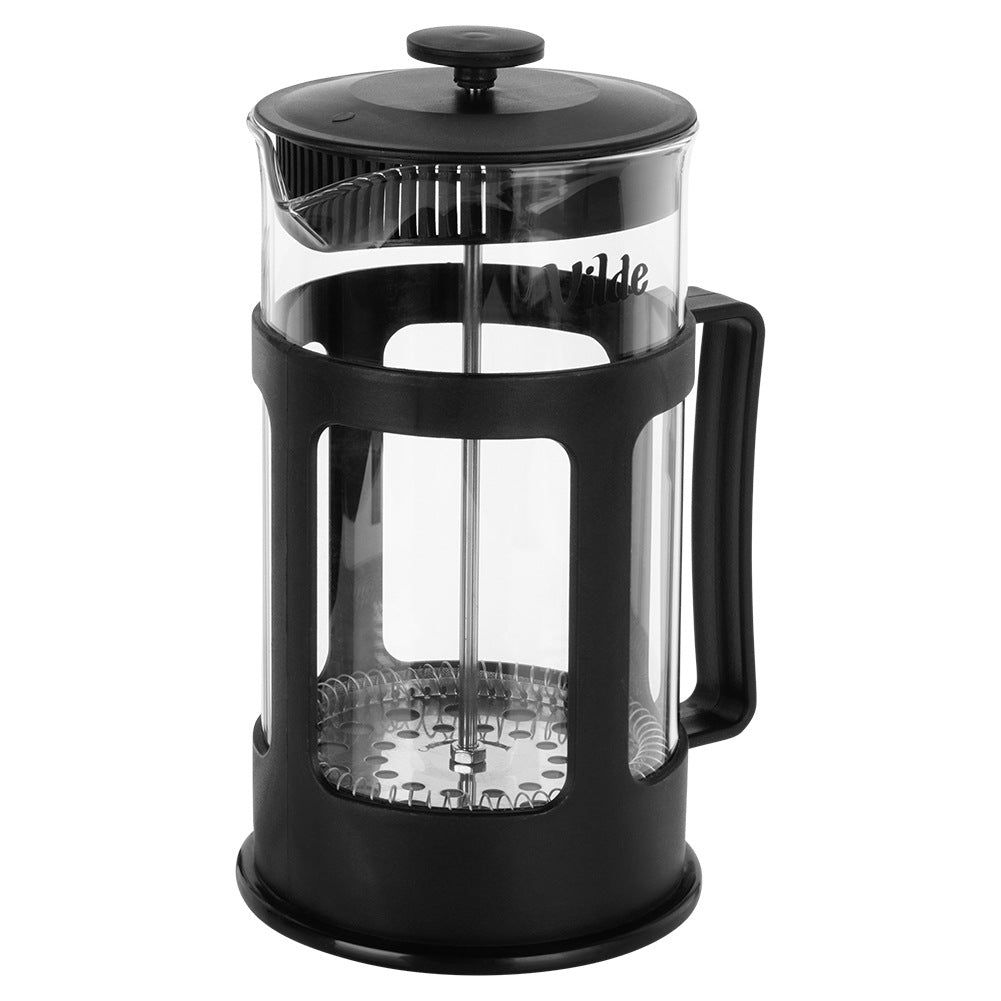 Una cafetera de prensa francesa negra de vidrio y metal.