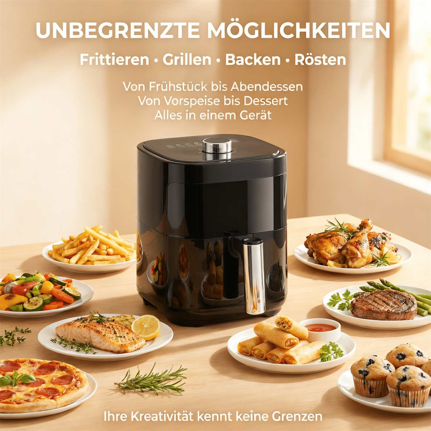 Ein schwarzer Heißluftfritteuse mit vielen Gerichten wie Pommes, Pizza und Hähnchen.